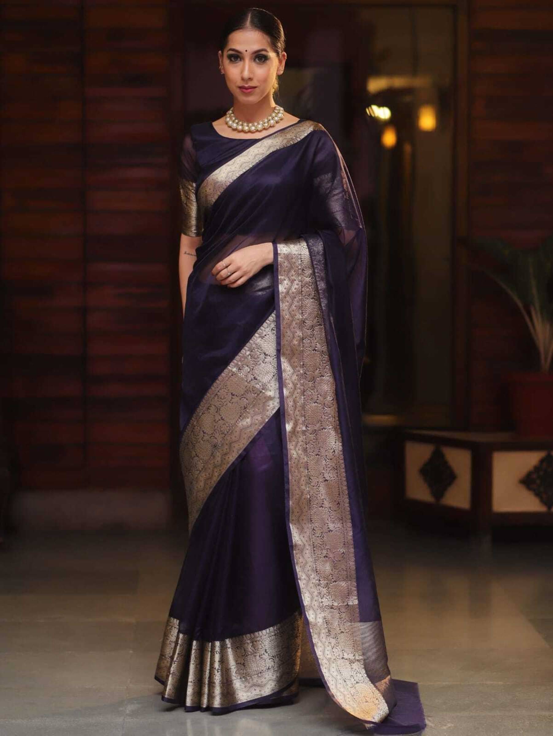 Pheasant Organza Woven Saree With Unstitched Blouse Piece ( Blue ) Pheasant Organza Woven Saree With Unstitched Blouse Piece ( Blue )