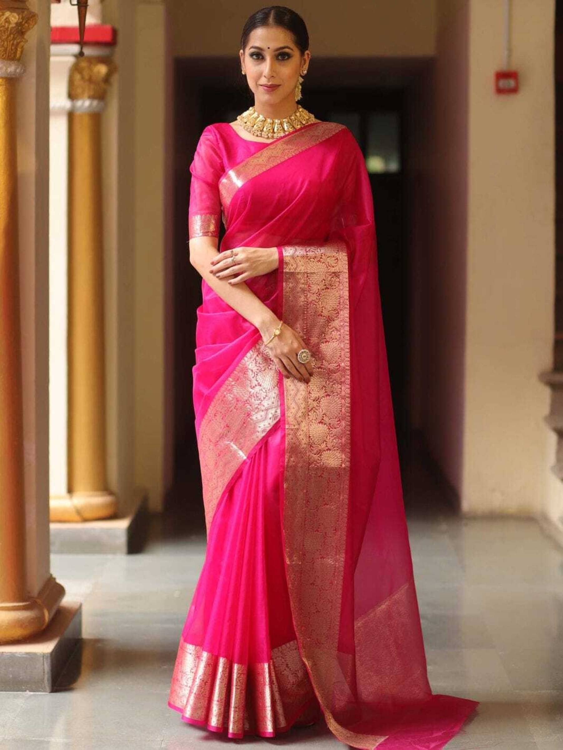 Pheasant Organza Woven Saree With Unstitched Blouse Piece ( Pink ) Pheasant Organza Woven Saree With Unstitched Blouse Piece ( Pink )