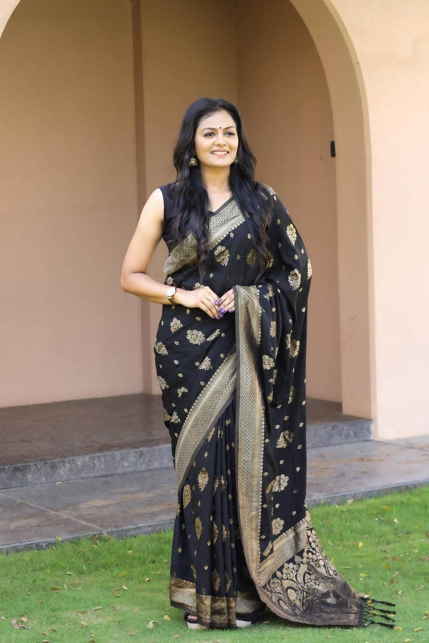 Pheasant Silk Woven Saree With Unstitched Blouse Piece ( Black ) Pheasant Silk Woven Saree With Unstitched Blouse Piece ( Black )