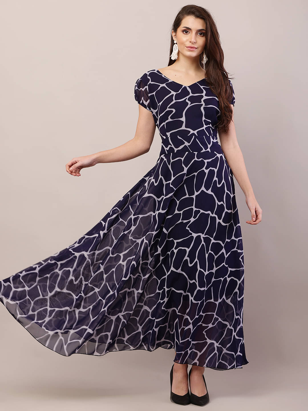     			RC NEOEN Women Georgette Printed Fit & Flare Dress ( Navy )