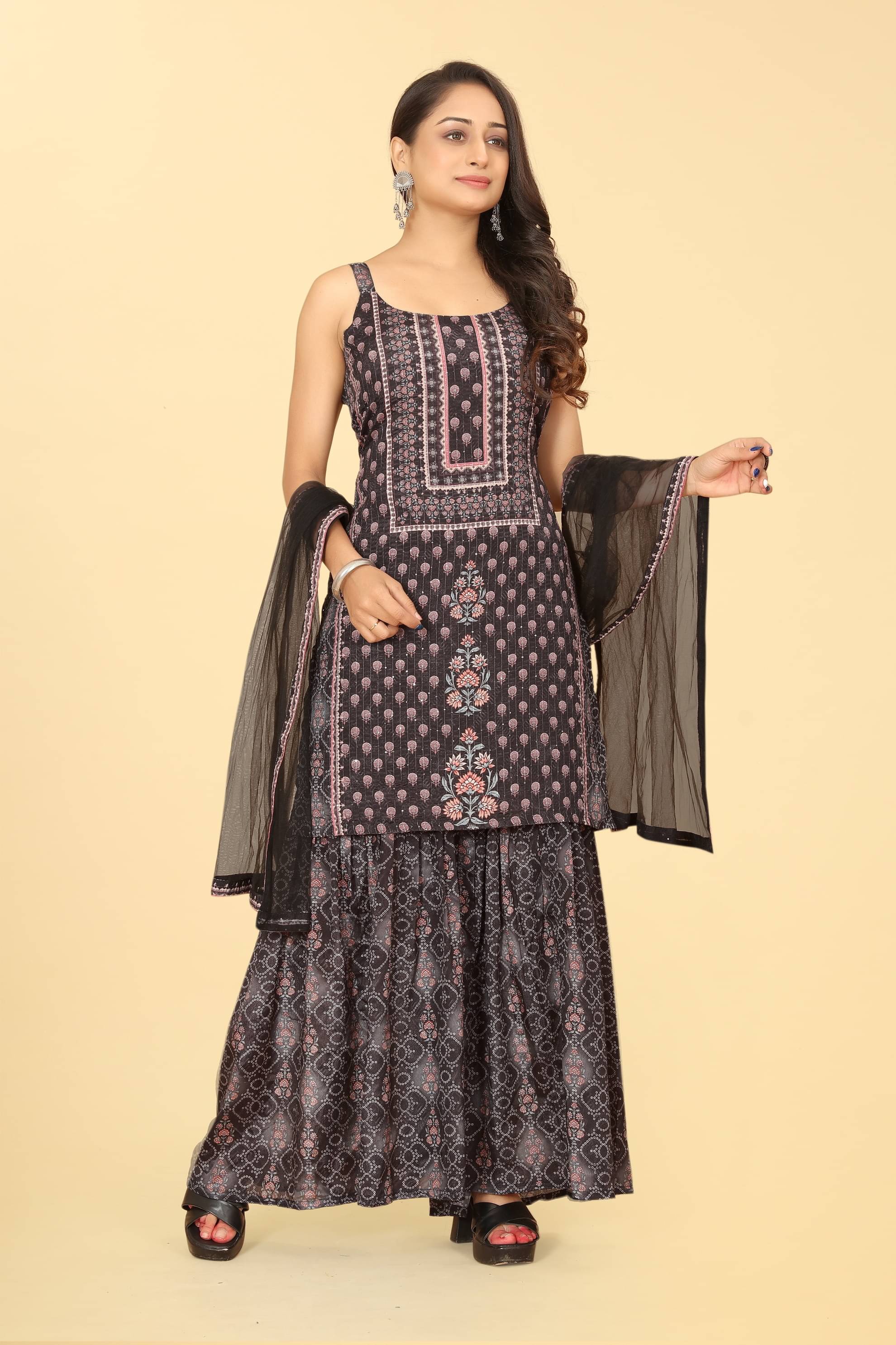 Riti Pack of 1 Rayon Printed Straight Women's Kurti with Dupatta - ( Black ) Riti Pack of 1 Rayon Printed Straight Women's Kurti with Dupatta - ( Black )