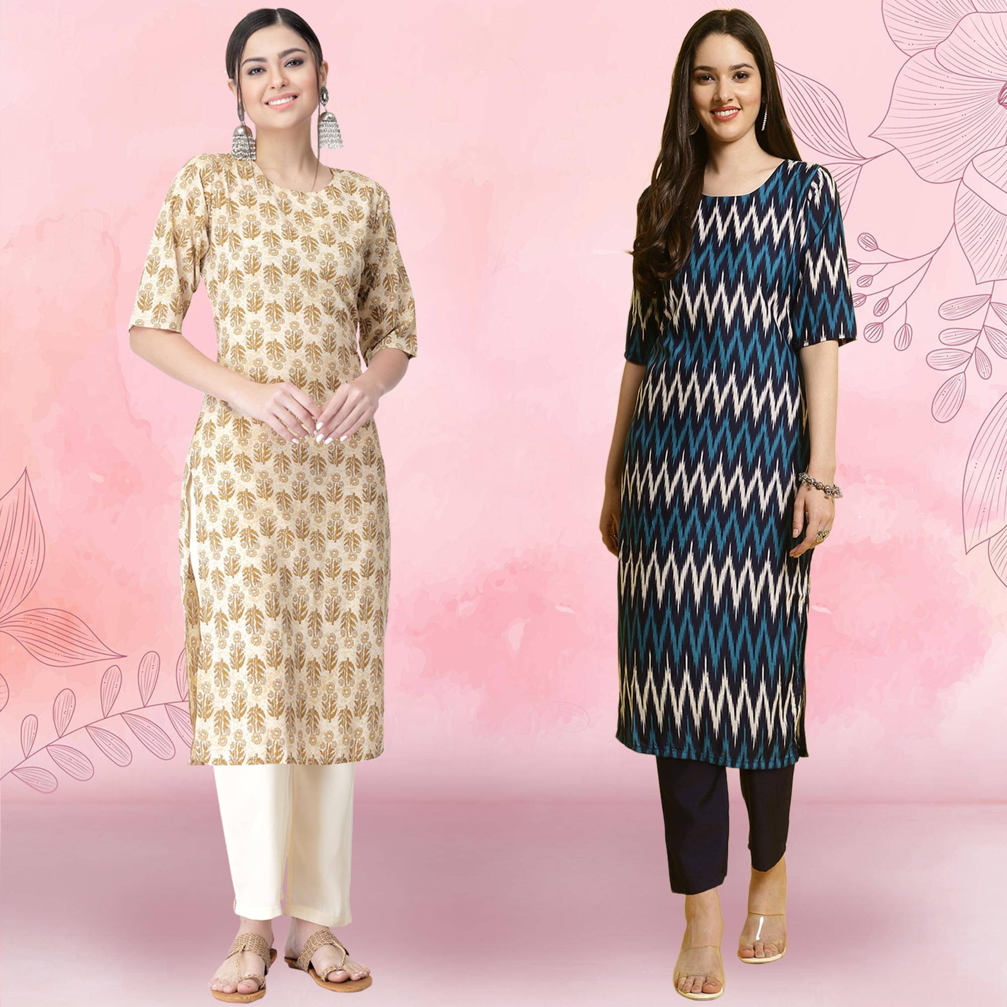 1 Stop Fashion Crepe Printed Kurti With Pants Women's Stitched Salwar Suit - Navy Blue ( Pack of 2 )     			1 Stop Fashion Crepe Printed Kurti With Pants Women's Stitched Salwar Suit - Navy Blue ( Pack of 2 )