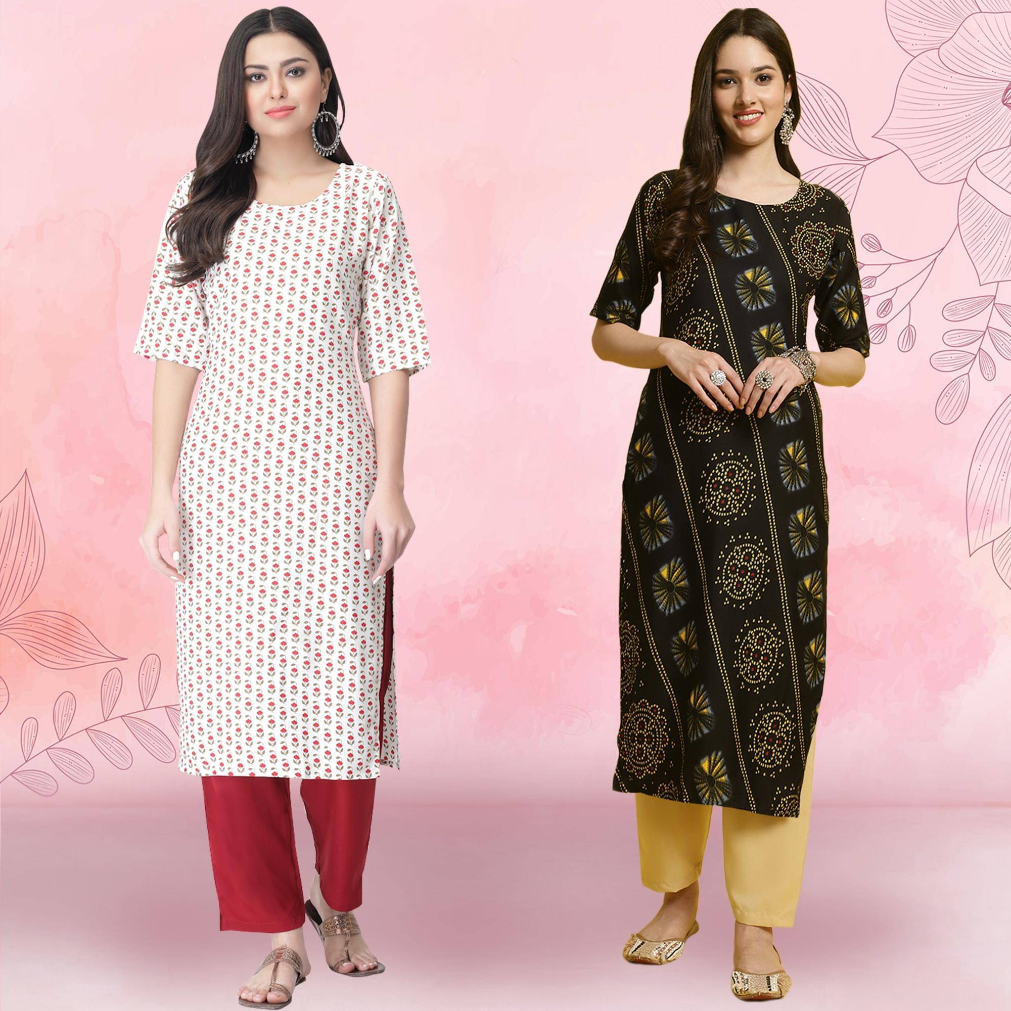 1 Stop Fashion Crepe Printed Kurti With Pants Women's Stitched Salwar Suit - Charcoal ( Pack of 2 )     			1 Stop Fashion Crepe Printed Kurti With Pants Women's Stitched Salwar Suit - Charcoal ( Pack of 2 )