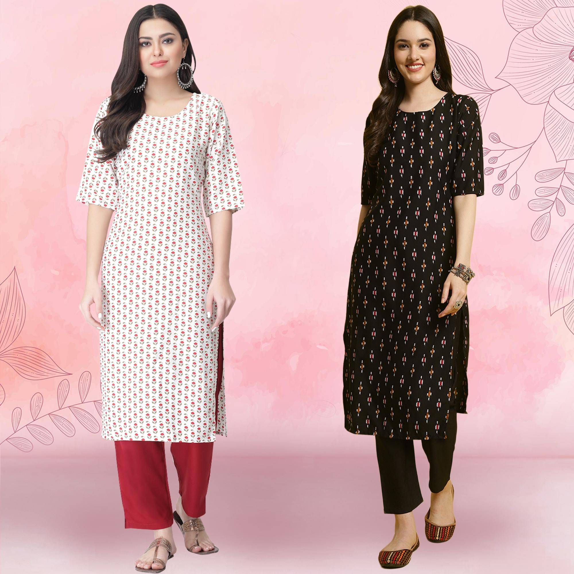     			1 Stop Fashion Crepe Printed Kurti With Pants Women's Stitched Salwar Suit - Black ( Pack of 2 )