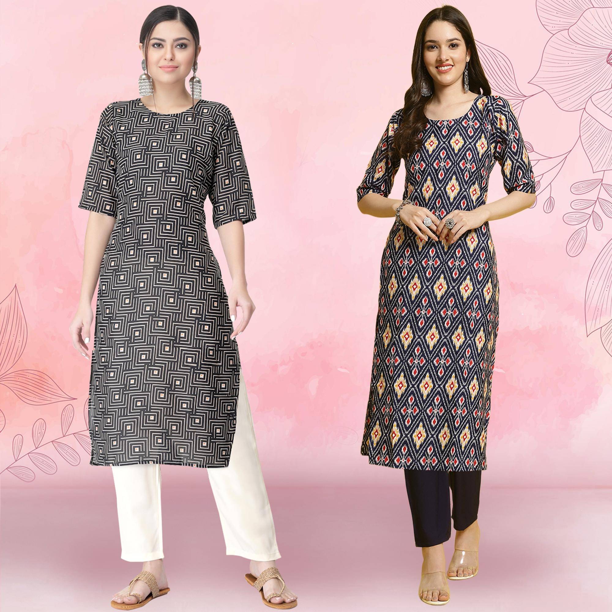     			1 Stop Fashion Crepe Printed Kurti With Pants Women's Stitched Salwar Suit - Navy Blue ( Pack of 2 )