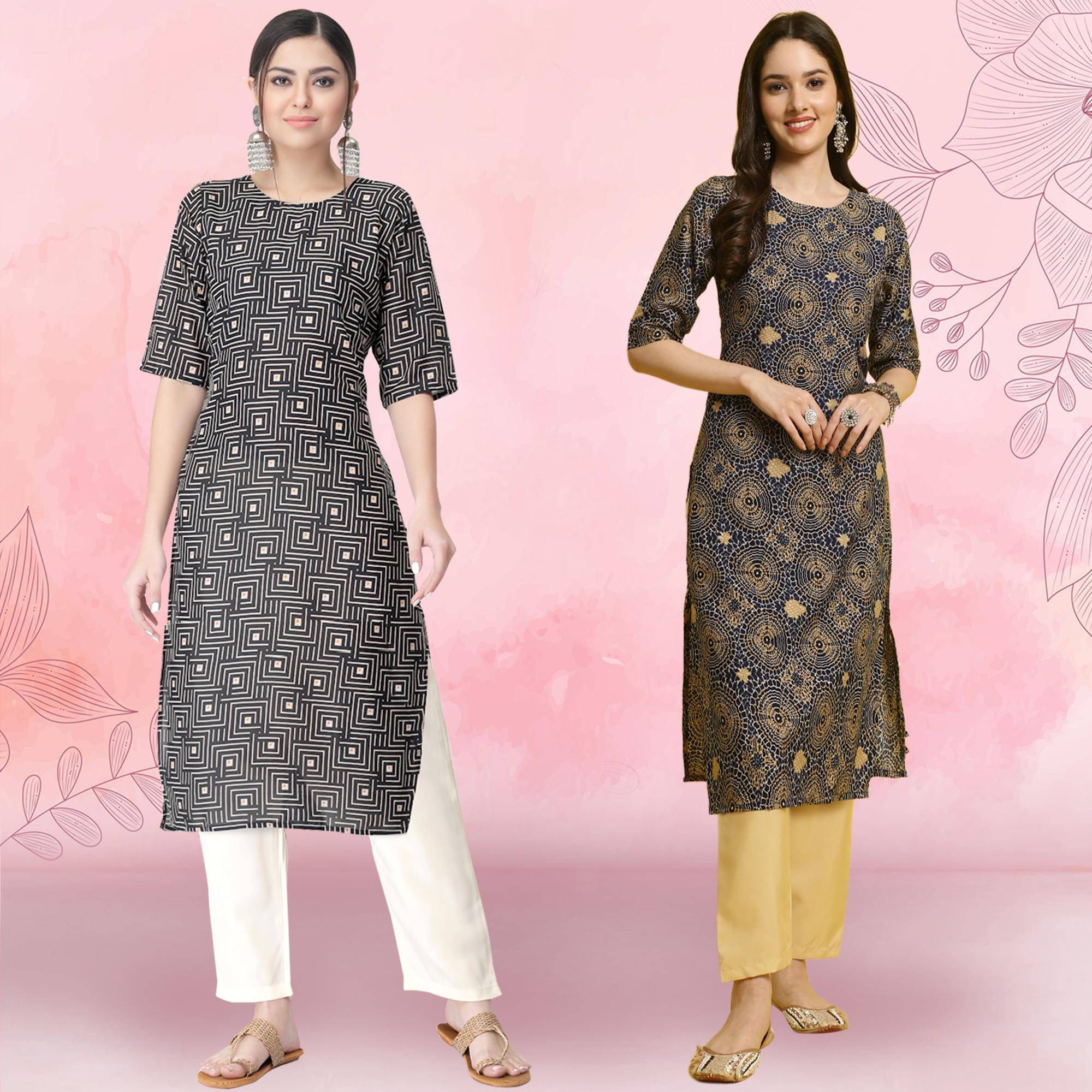 1 Stop Fashion Crepe Printed Kurti With Pants Women's Stitched Salwar Suit - Blue ( Pack of 2 )     			1 Stop Fashion Crepe Printed Kurti With Pants Women's Stitched Salwar Suit - Blue ( Pack of 2 )