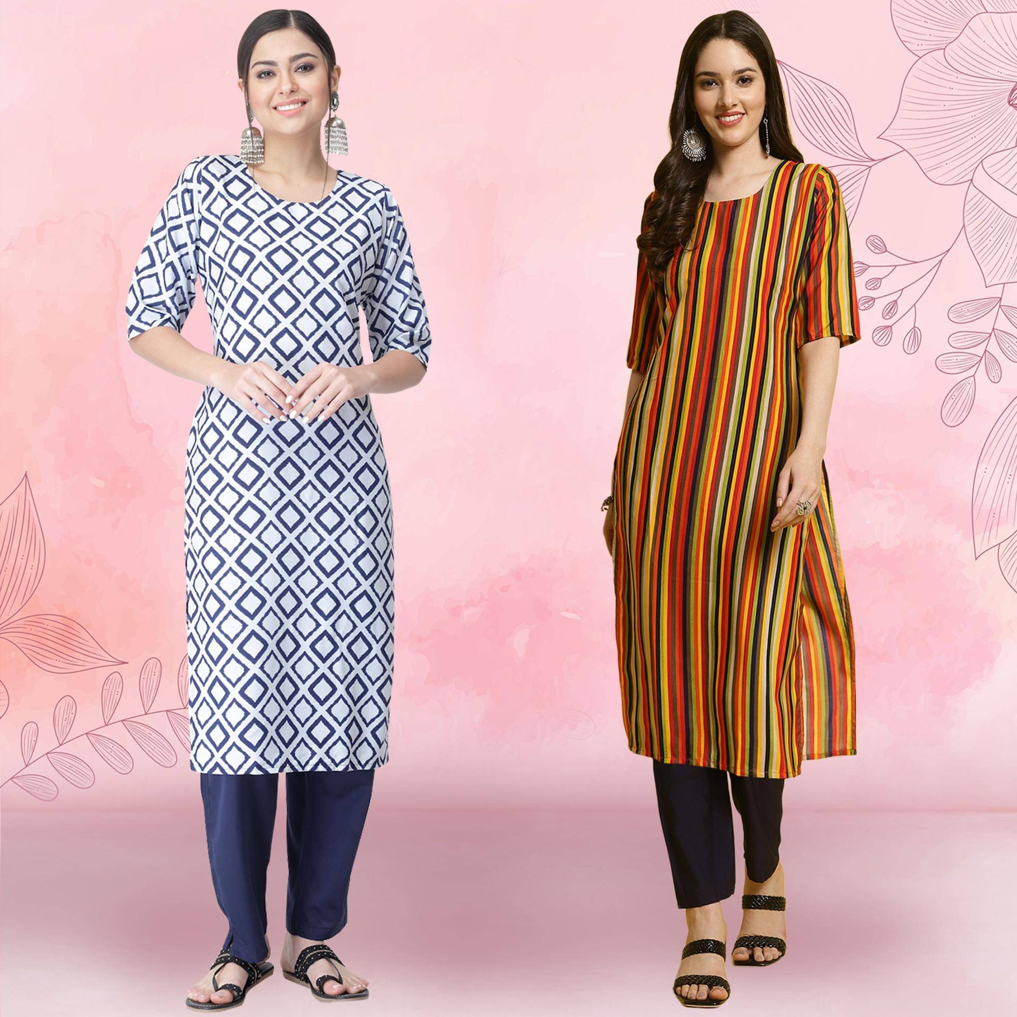 1 Stop Fashion Crepe Printed Kurti With Pants Women's Stitched Salwar Suit - Blue ( Pack of 2 )     			1 Stop Fashion Crepe Printed Kurti With Pants Women's Stitched Salwar Suit - Blue ( Pack of 2 )