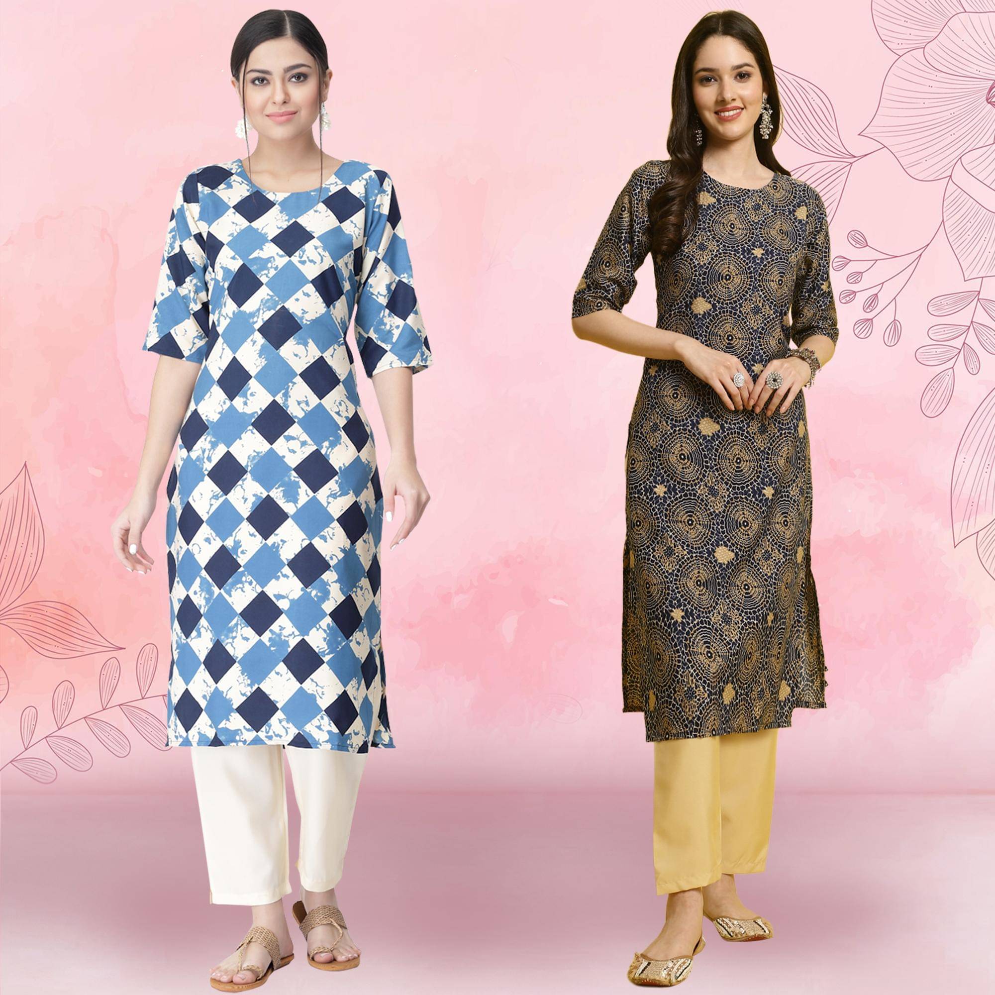     			1 Stop Fashion Crepe Printed Kurti With Pants Women's Stitched Salwar Suit - Blue ( Pack of 2 )