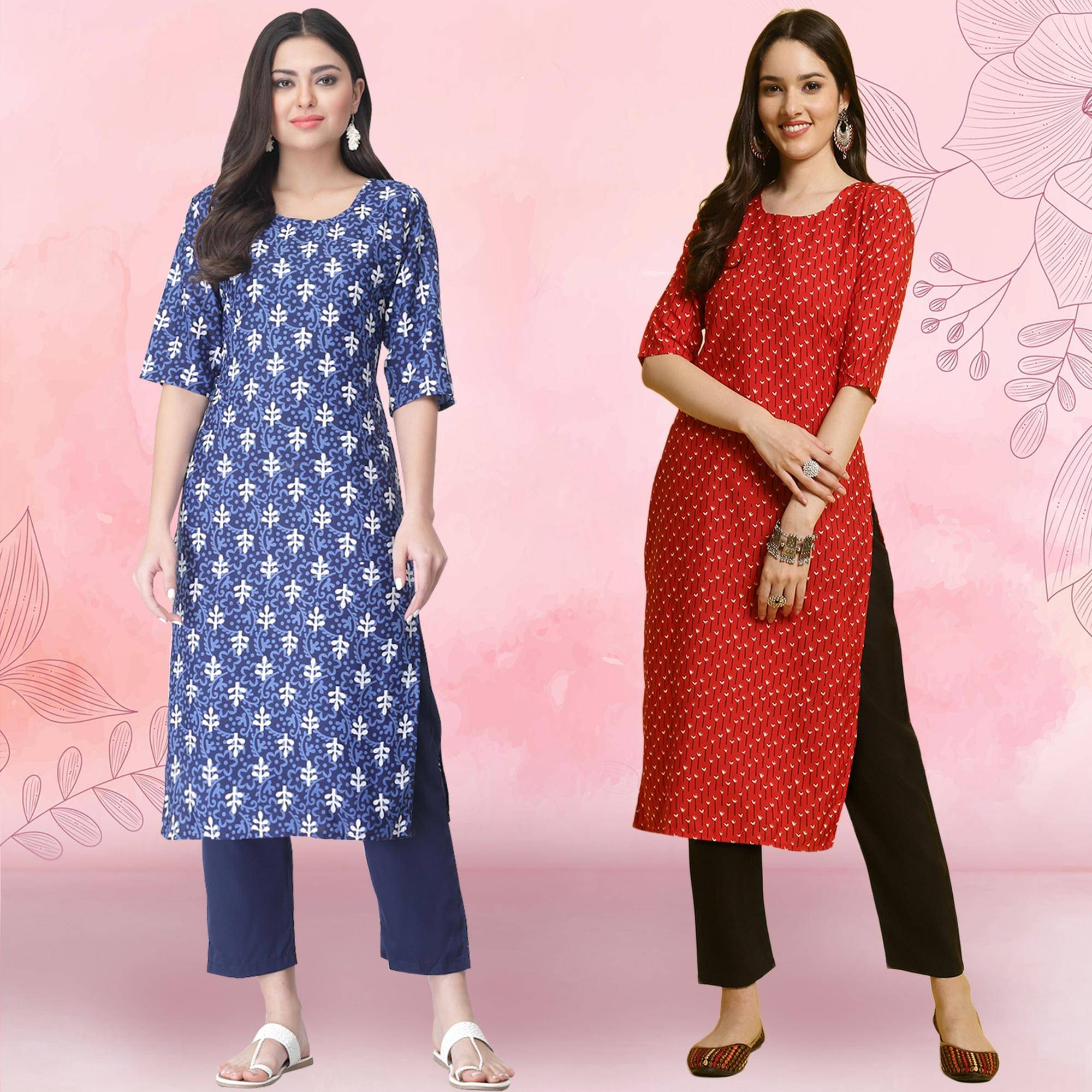     			1 Stop Fashion Crepe Printed Kurti With Pants Women's Stitched Salwar Suit - Red ( Pack of 2 )