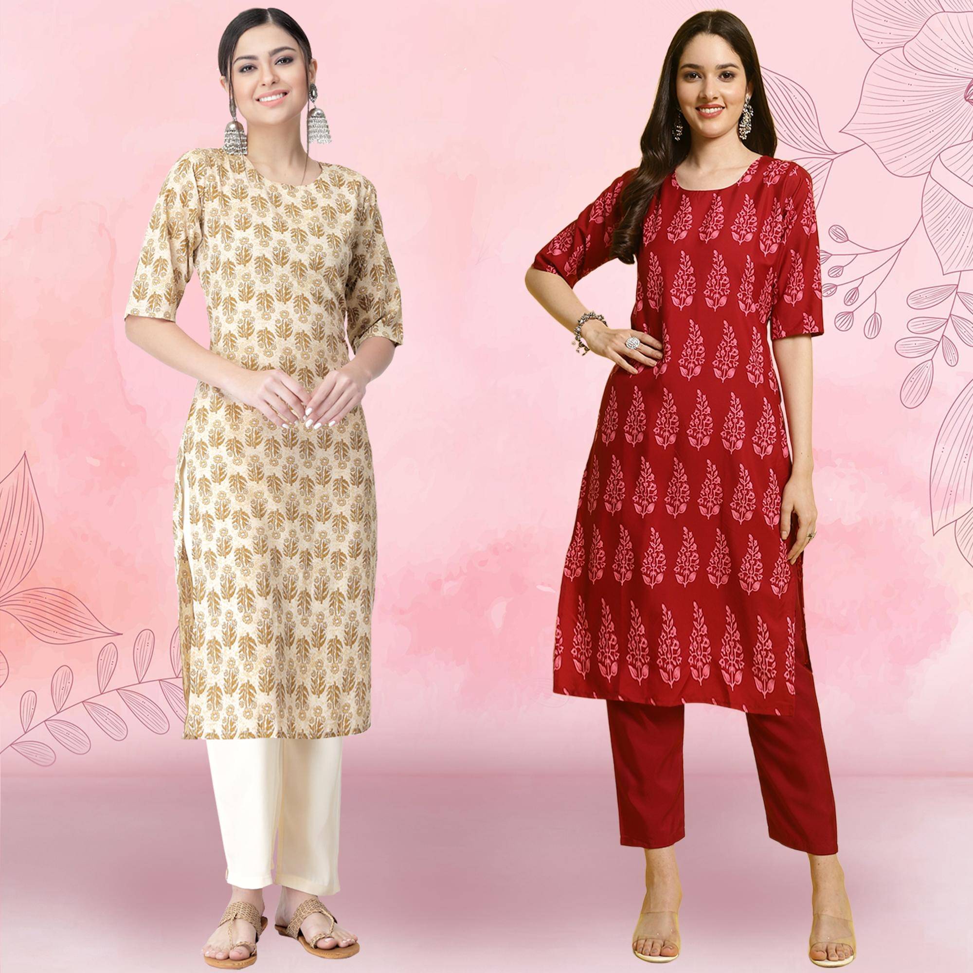     			1 Stop Fashion Crepe Printed Kurti With Pants Women's Stitched Salwar Suit - Red ( Pack of 2 )