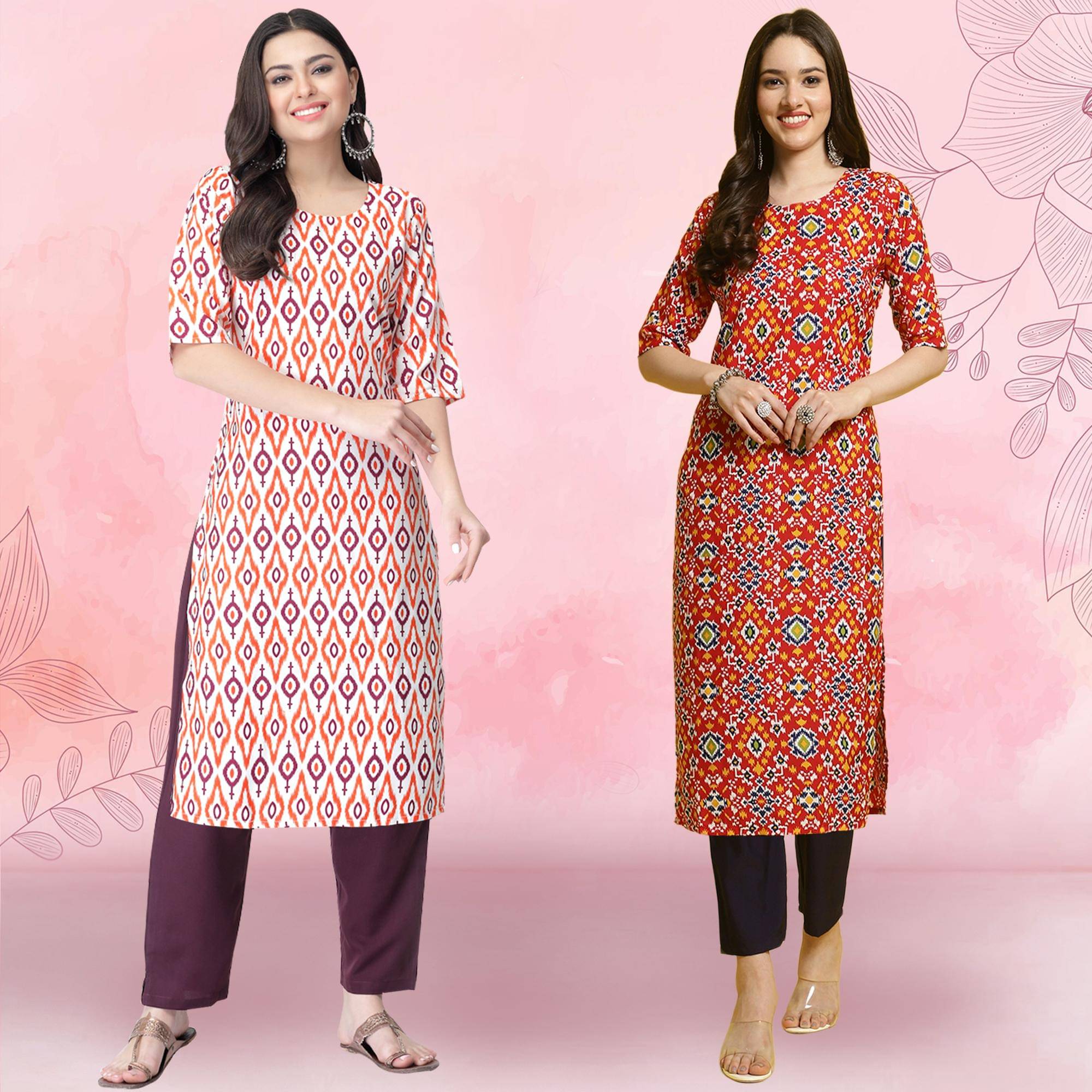 1 Stop Fashion Crepe Printed Kurti With Pants Women's Stitched Salwar Suit - Multicoloured ( Pack of 2 )     			1 Stop Fashion Crepe Printed Kurti With Pants Women's Stitched Salwar Suit - Multicoloured ( Pack of 2 )