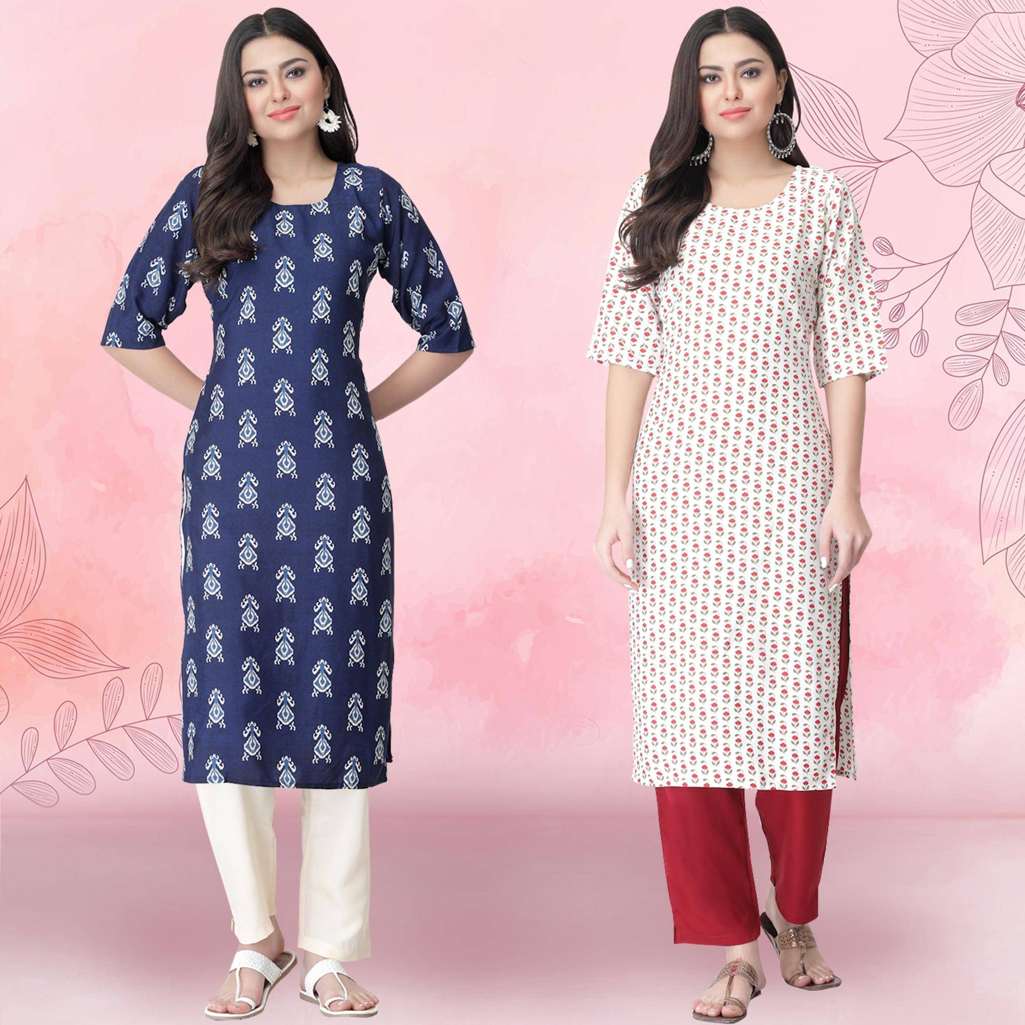 1 Stop Fashion Crepe Printed Kurti With Pants Women's Stitched Salwar Suit - Off White ( Pack of 2 ) 1 Stop Fashion Crepe Printed Kurti With Pants Women's Stitched Salwar Suit - Off White ( Pack of 2 )