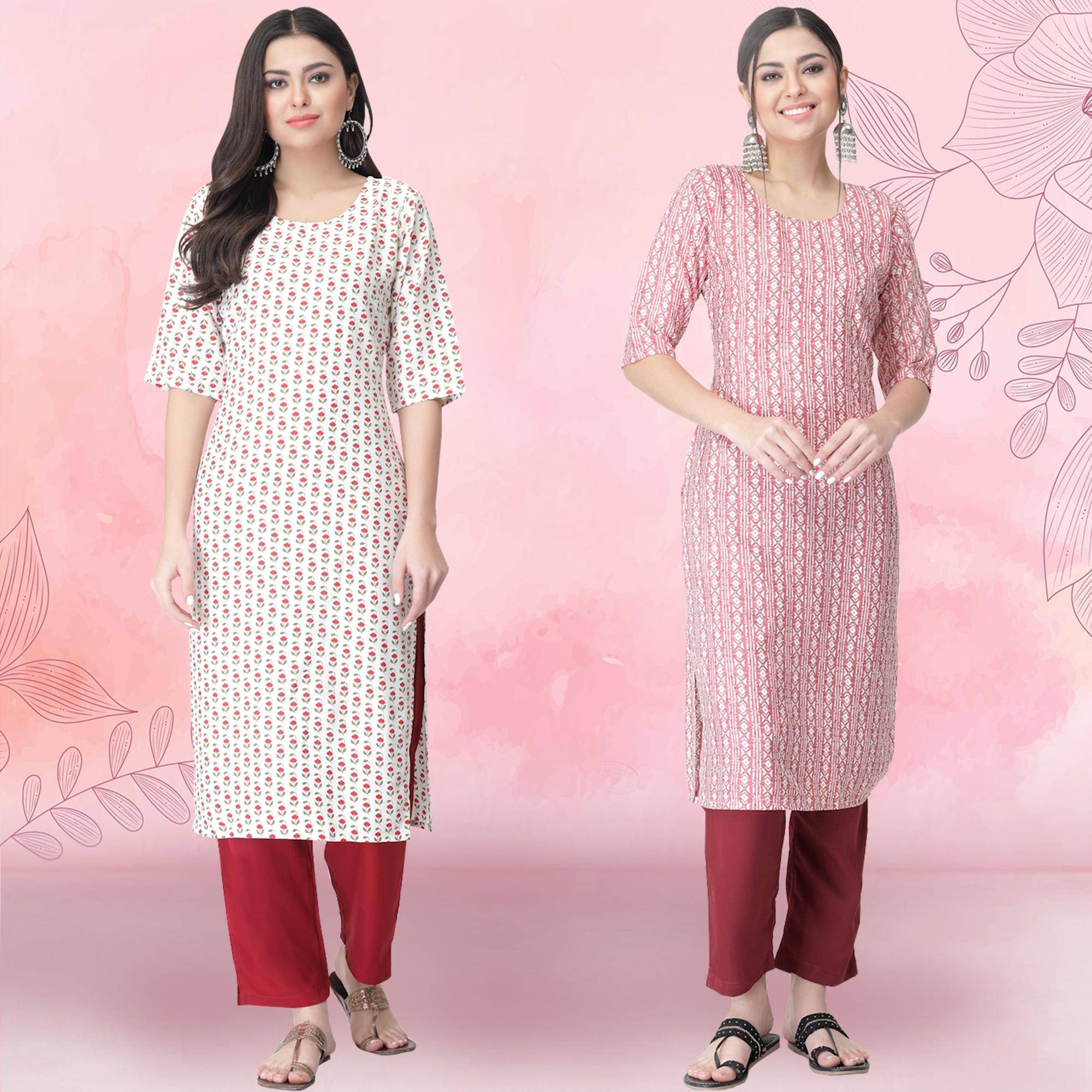     			1 Stop Fashion Crepe Printed Kurti With Pants Women's Stitched Salwar Suit - Pink ( Pack of 2 )