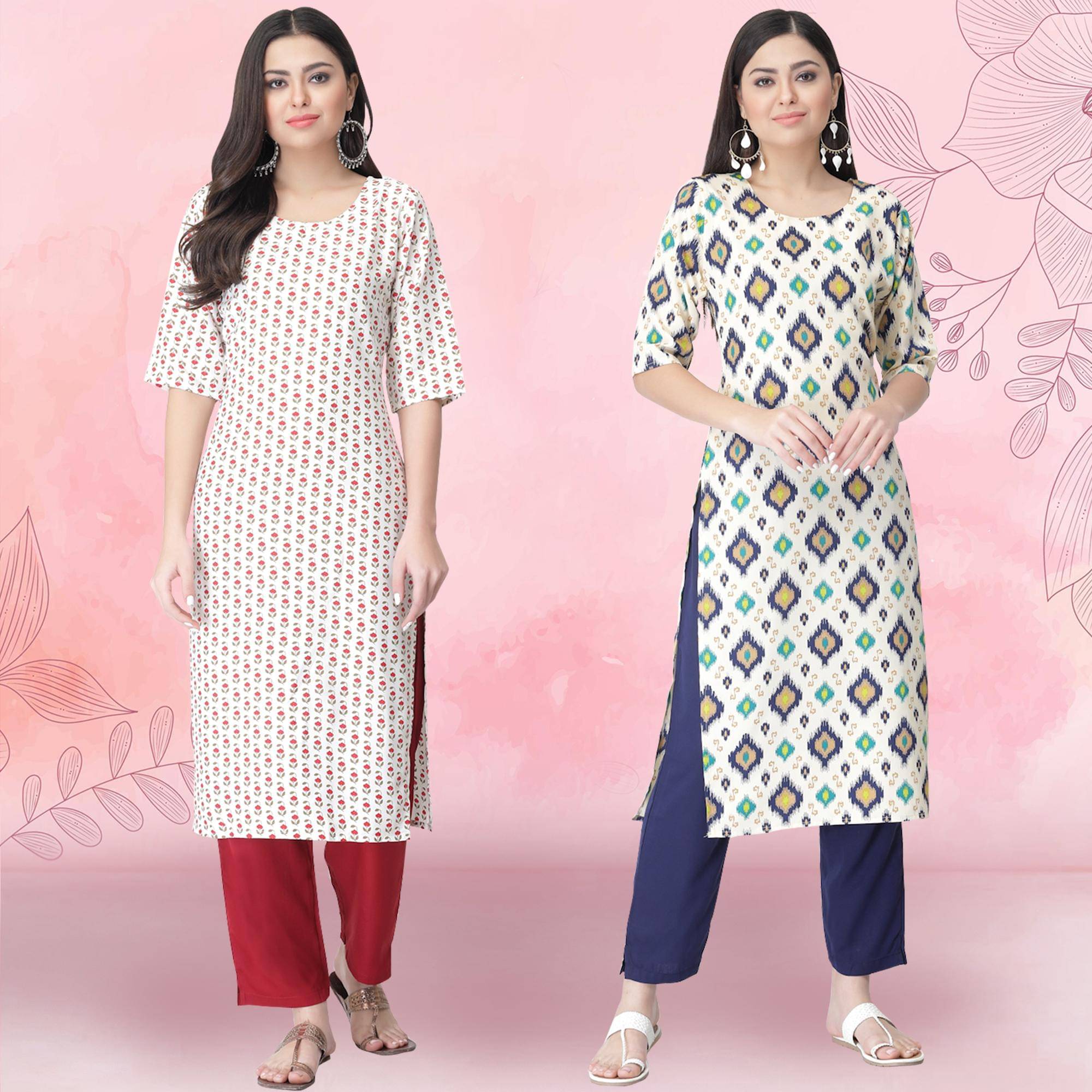 1 Stop Fashion Crepe Printed Kurti With Pants Women's Stitched Salwar Suit - White ( Pack of 2 ) 1 Stop Fashion Crepe Printed Kurti With Pants Women's Stitched Salwar Suit - White ( Pack of 2 )
