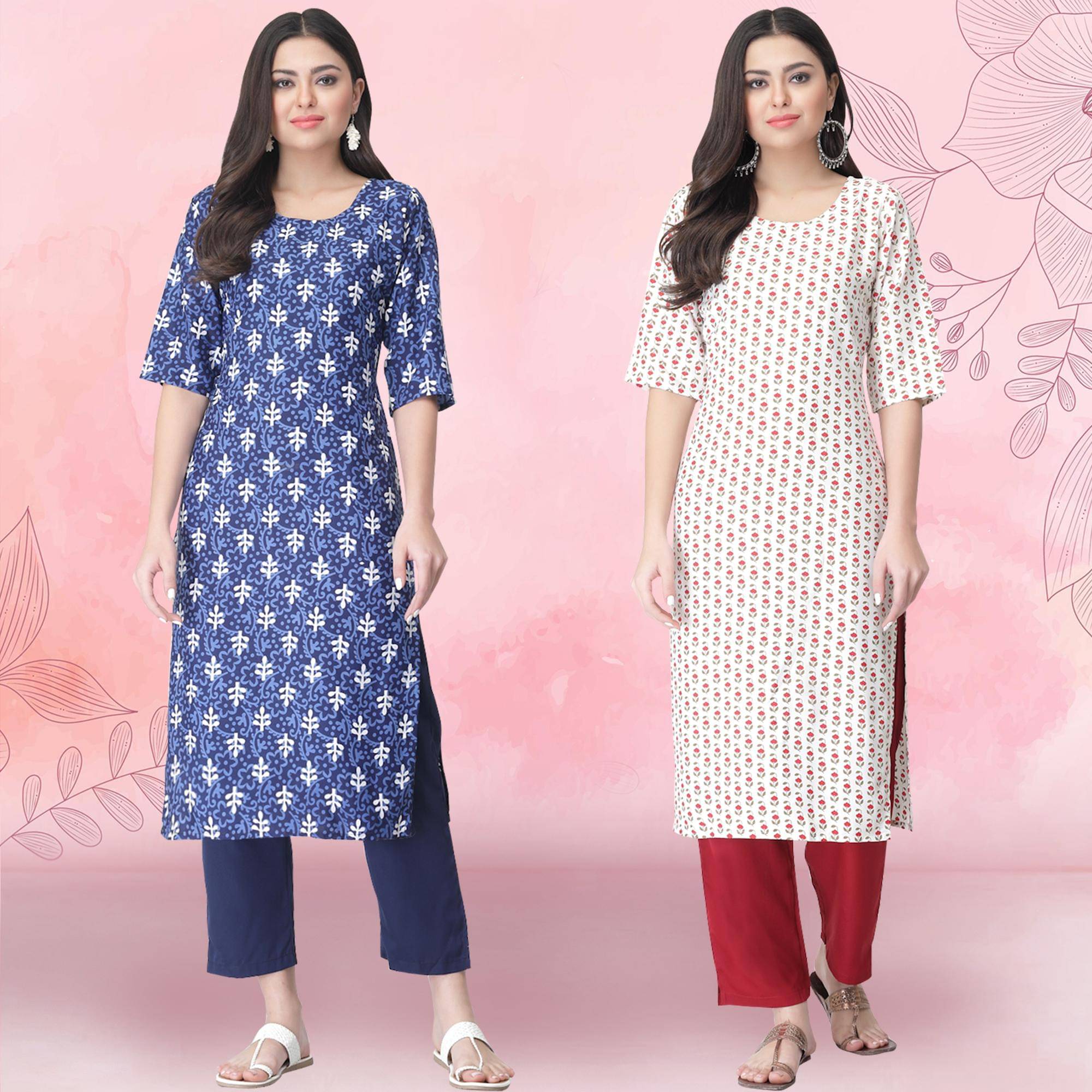 1 Stop Fashion Crepe Printed Kurti With Pants Women's Stitched Salwar Suit - Off White ( Pack of 2 ) 1 Stop Fashion Crepe Printed Kurti With Pants Women's Stitched Salwar Suit - Off White ( Pack of 2 )