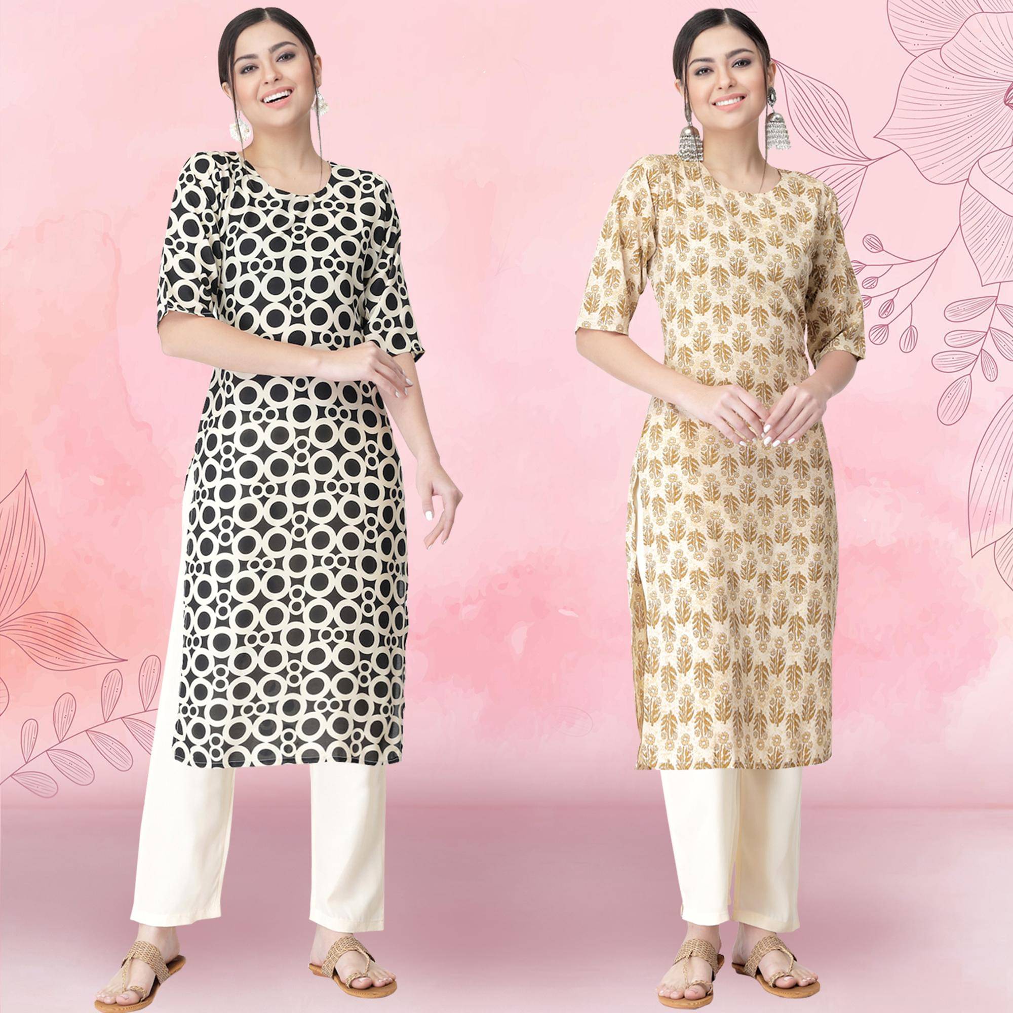 1 Stop Fashion Crepe Printed Kurti With Pants Women's Stitched Salwar Suit - Beige ( Pack of 2 ) 1 Stop Fashion Crepe Printed Kurti With Pants Women's Stitched Salwar Suit - Beige ( Pack of 2 )