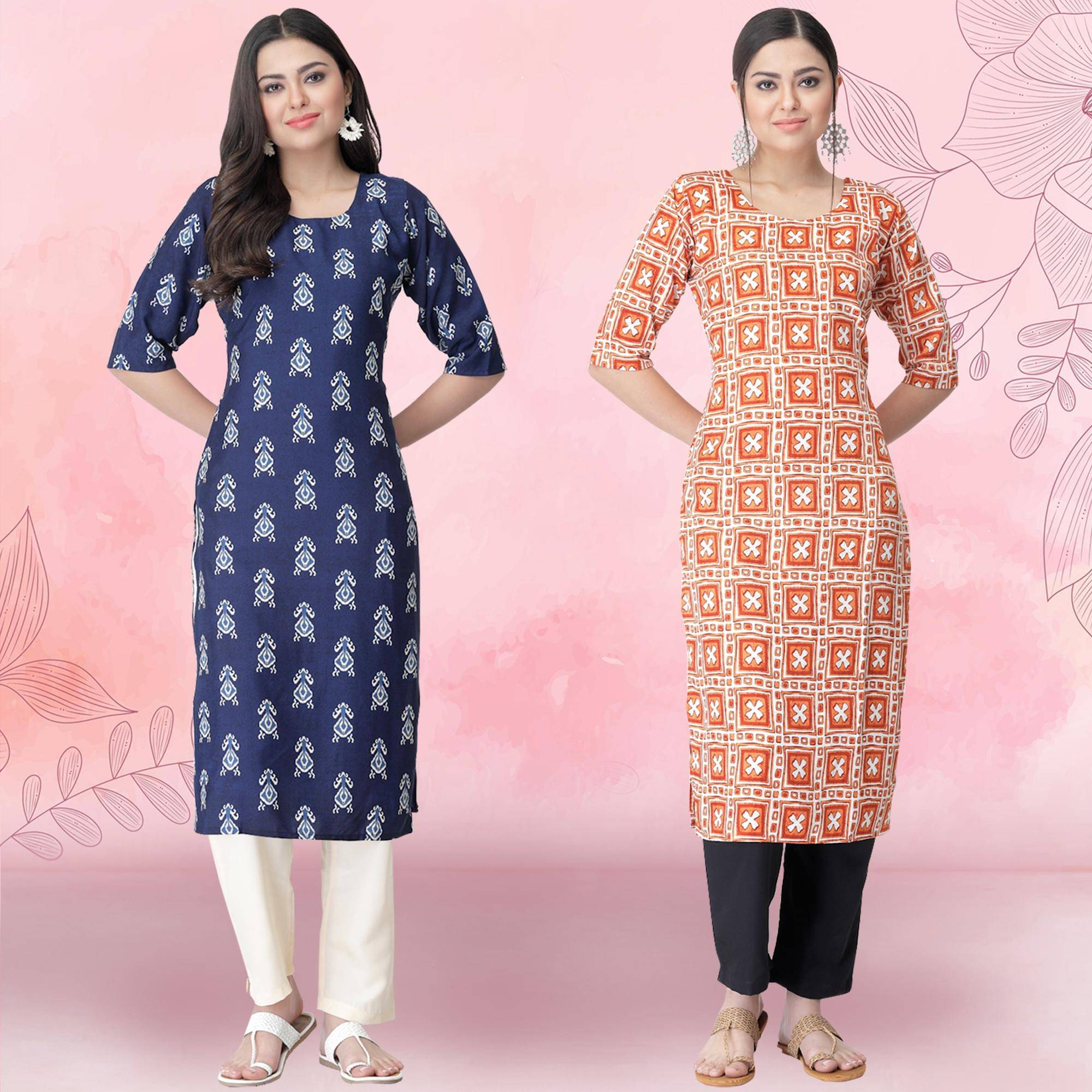 1 Stop Fashion Crepe Printed Kurti With Pants Women's Stitched Salwar Suit - Orange ( Pack of 2 ) 1 Stop Fashion Crepe Printed Kurti With Pants Women's Stitched Salwar Suit - Orange ( Pack of 2 )
