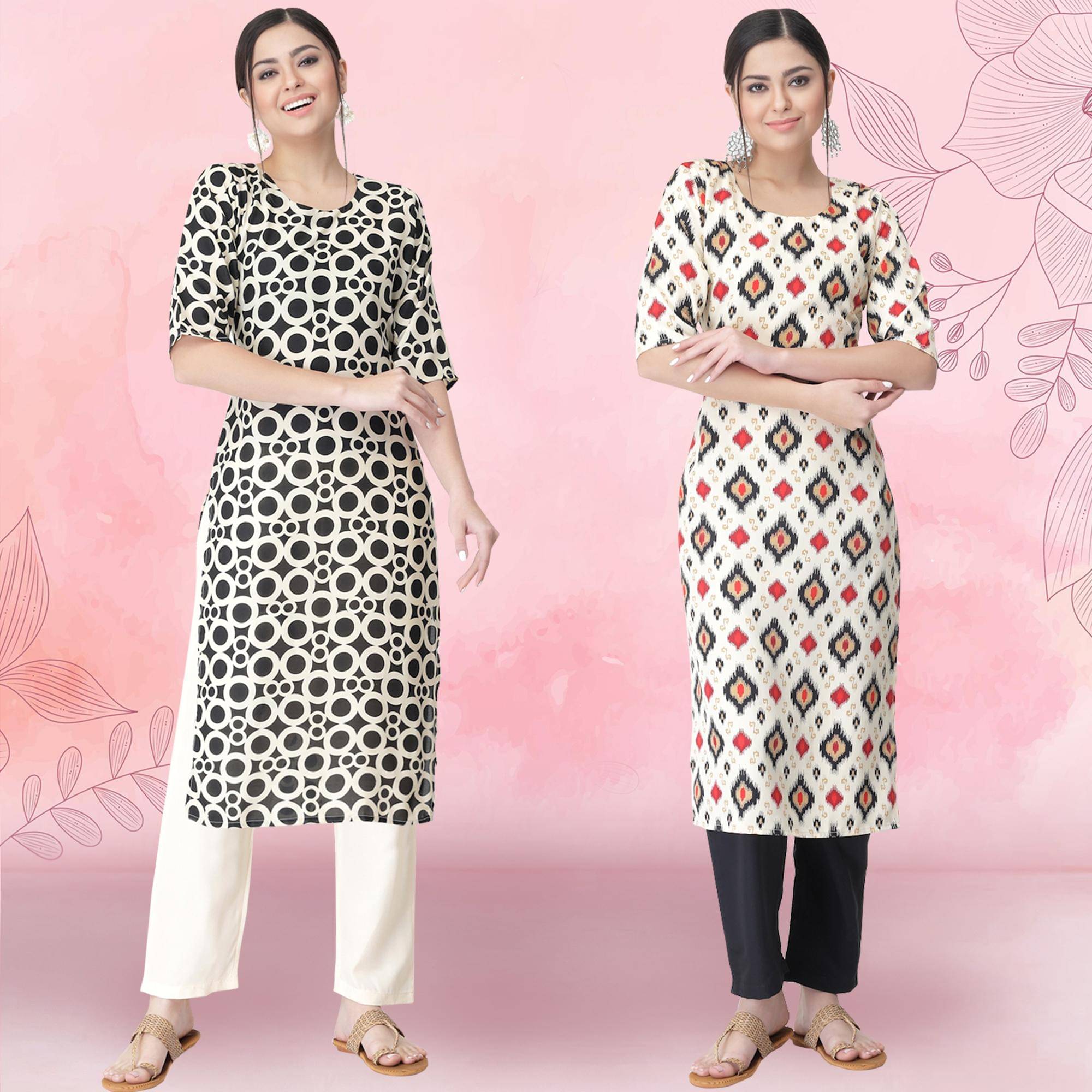     			1 Stop Fashion Crepe Printed Kurti With Pants Women's Stitched Salwar Suit - White ( Pack of 2 )