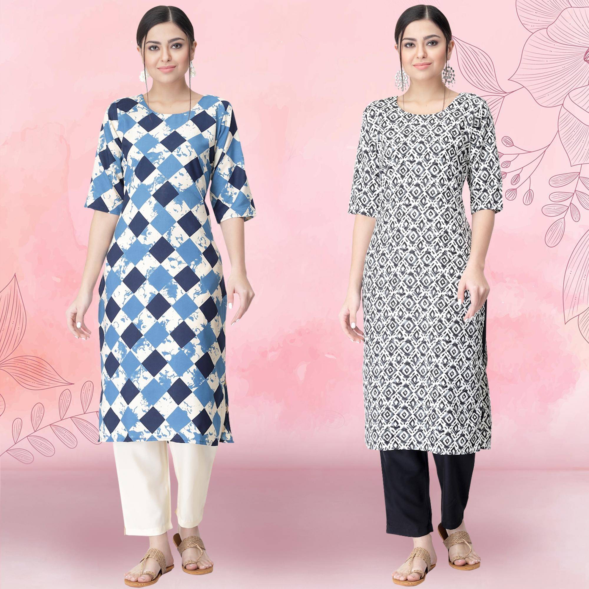1 Stop Fashion Crepe Printed Kurti With Pants Women's Stitched Salwar Suit - Black ( Pack of 2 )     			1 Stop Fashion Crepe Printed Kurti With Pants Women's Stitched Salwar Suit - Black ( Pack of 2 )
