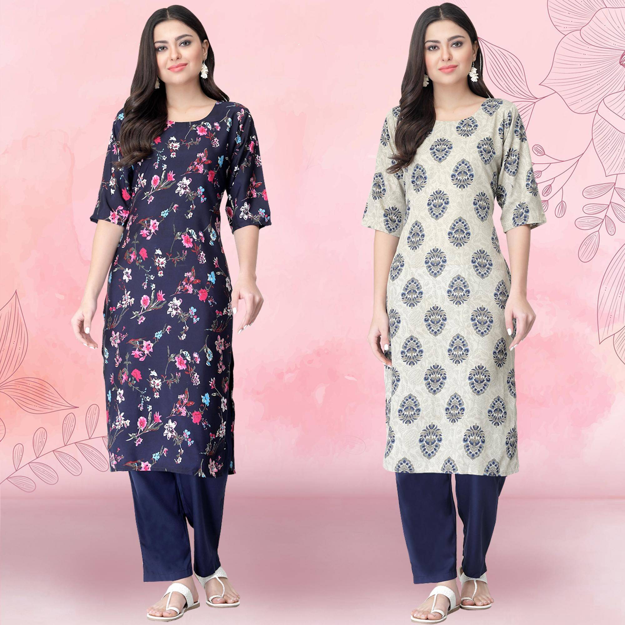     			1 Stop Fashion Crepe Printed Kurti With Pants Women's Stitched Salwar Suit - Grey ( Pack of 2 )
