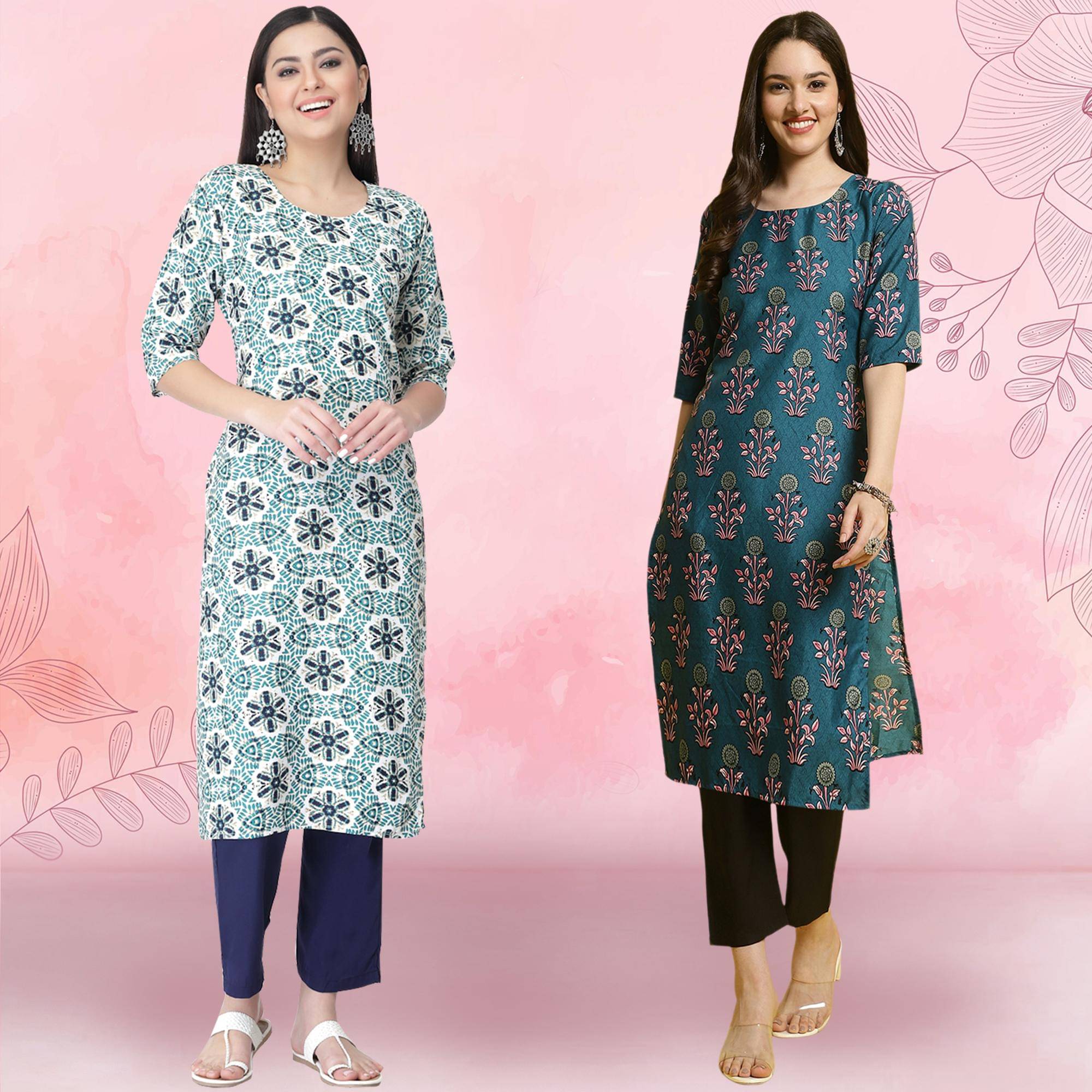 1 Stop Fashion Crepe Printed Kurti With Pants Women's Stitched Salwar Suit - Teal ( Pack of 2 ) 1 Stop Fashion Crepe Printed Kurti With Pants Women's Stitched Salwar Suit - Teal ( Pack of 2 )