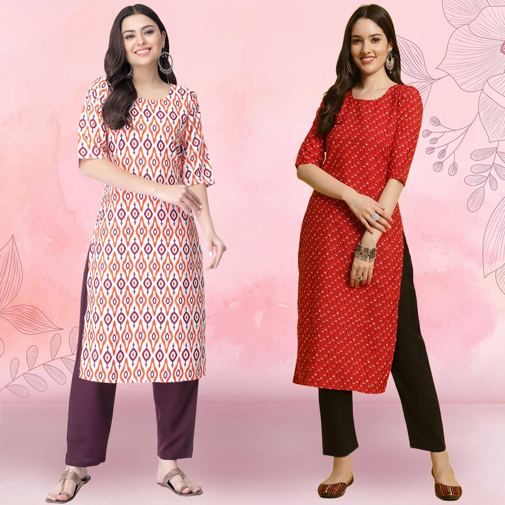     			1 Stop Fashion Crepe Printed Kurti With Pants Women's Stitched Salwar Suit - Red ( Pack of 2 )