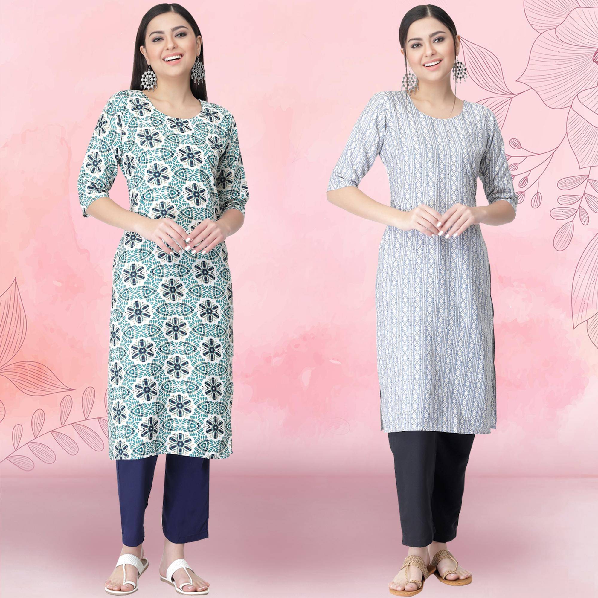     			1 Stop Fashion Crepe Printed Kurti With Pants Women's Stitched Salwar Suit - White ( Pack of 2 )