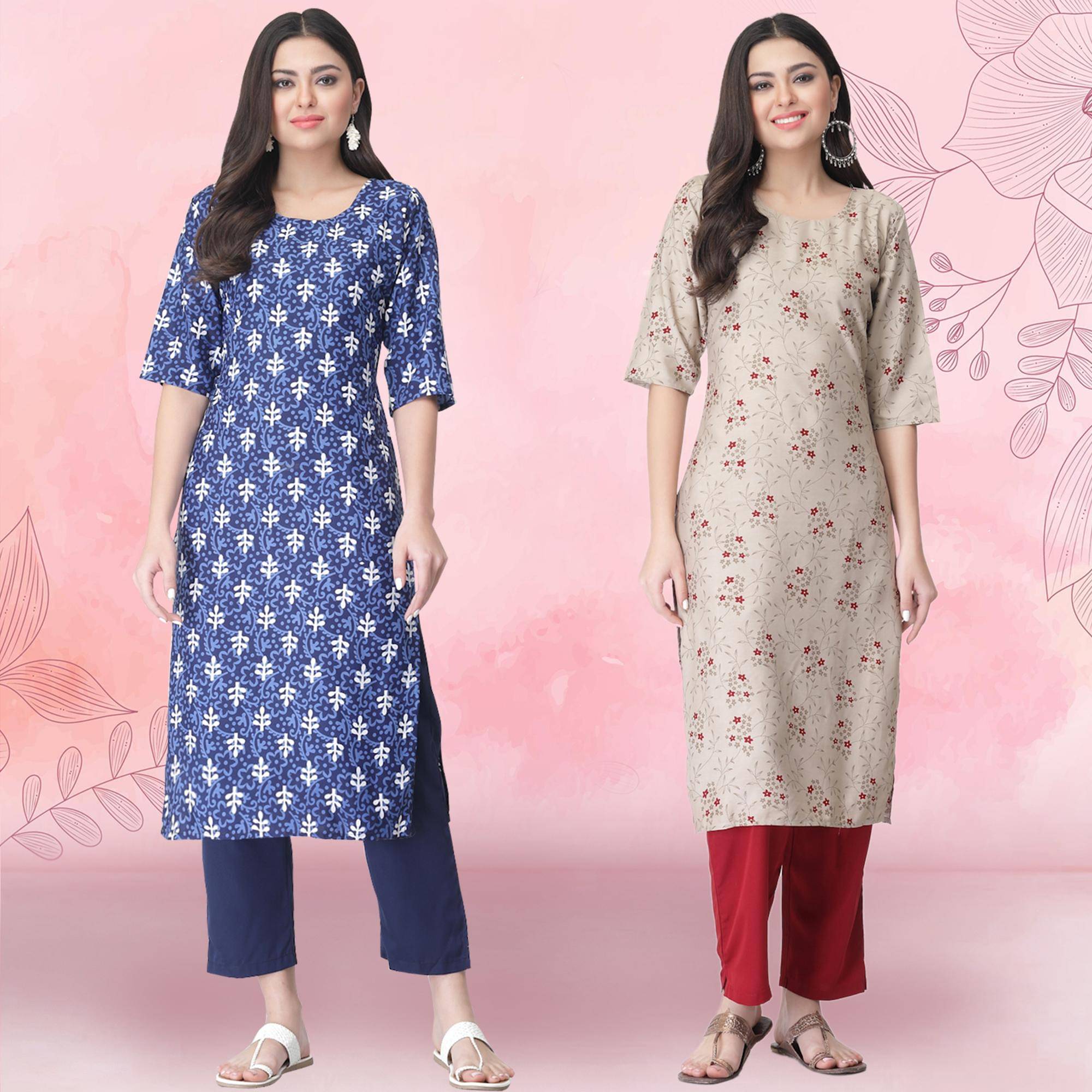1 Stop Fashion Crepe Printed Kurti With Pants Women's Stitched Salwar Suit - Beige ( Pack of 2 ) 1 Stop Fashion Crepe Printed Kurti With Pants Women's Stitched Salwar Suit - Beige ( Pack of 2 )
