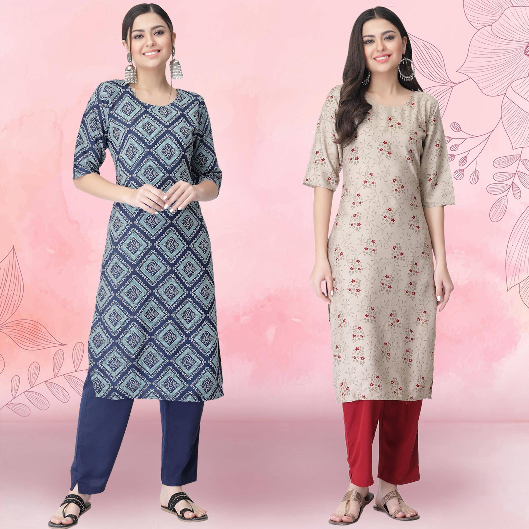 1 Stop Fashion Crepe Printed Kurti With Pants Women's Stitched Salwar Suit - Beige ( Pack of 2 ) 1 Stop Fashion Crepe Printed Kurti With Pants Women's Stitched Salwar Suit - Beige ( Pack of 2 )