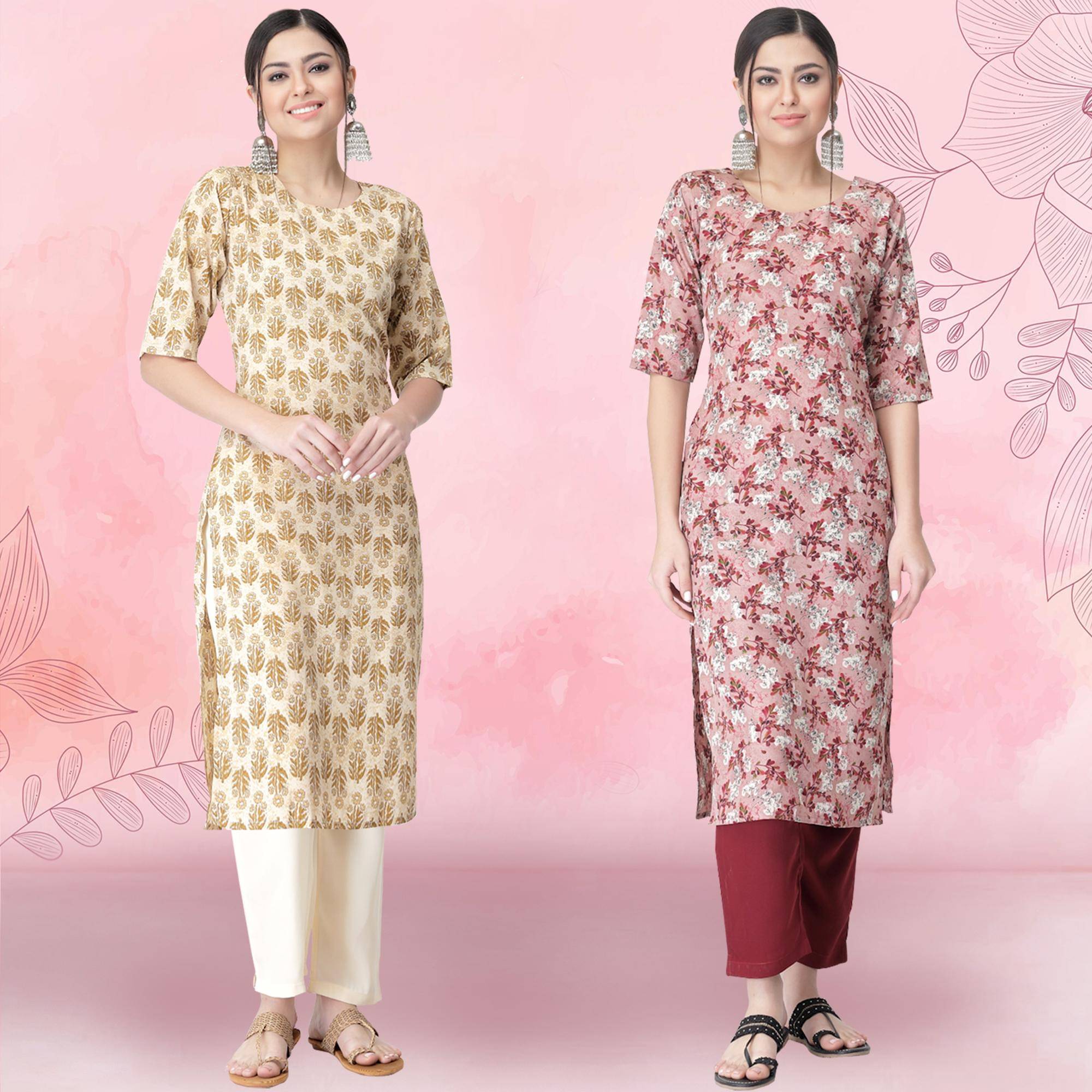     			1 Stop Fashion Crepe Printed Kurti With Pants Women's Stitched Salwar Suit - Peach ( Pack of 2 )