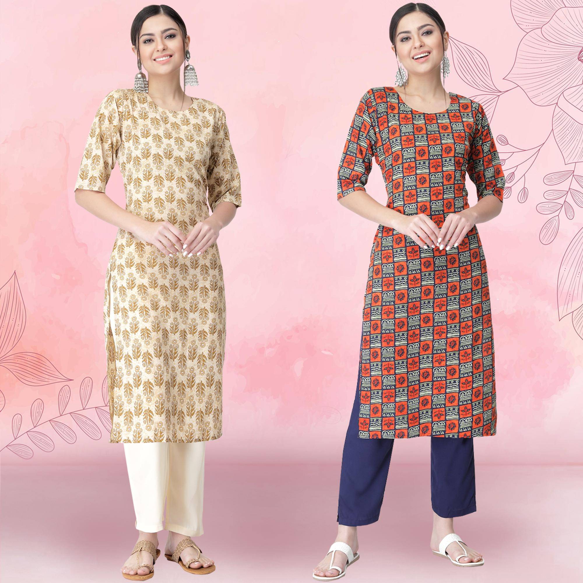 1 Stop Fashion Crepe Printed Kurti With Pants Women's Stitched Salwar Suit - Orange ( Pack of 2 )     			1 Stop Fashion Crepe Printed Kurti With Pants Women's Stitched Salwar Suit - Orange ( Pack of 2 )