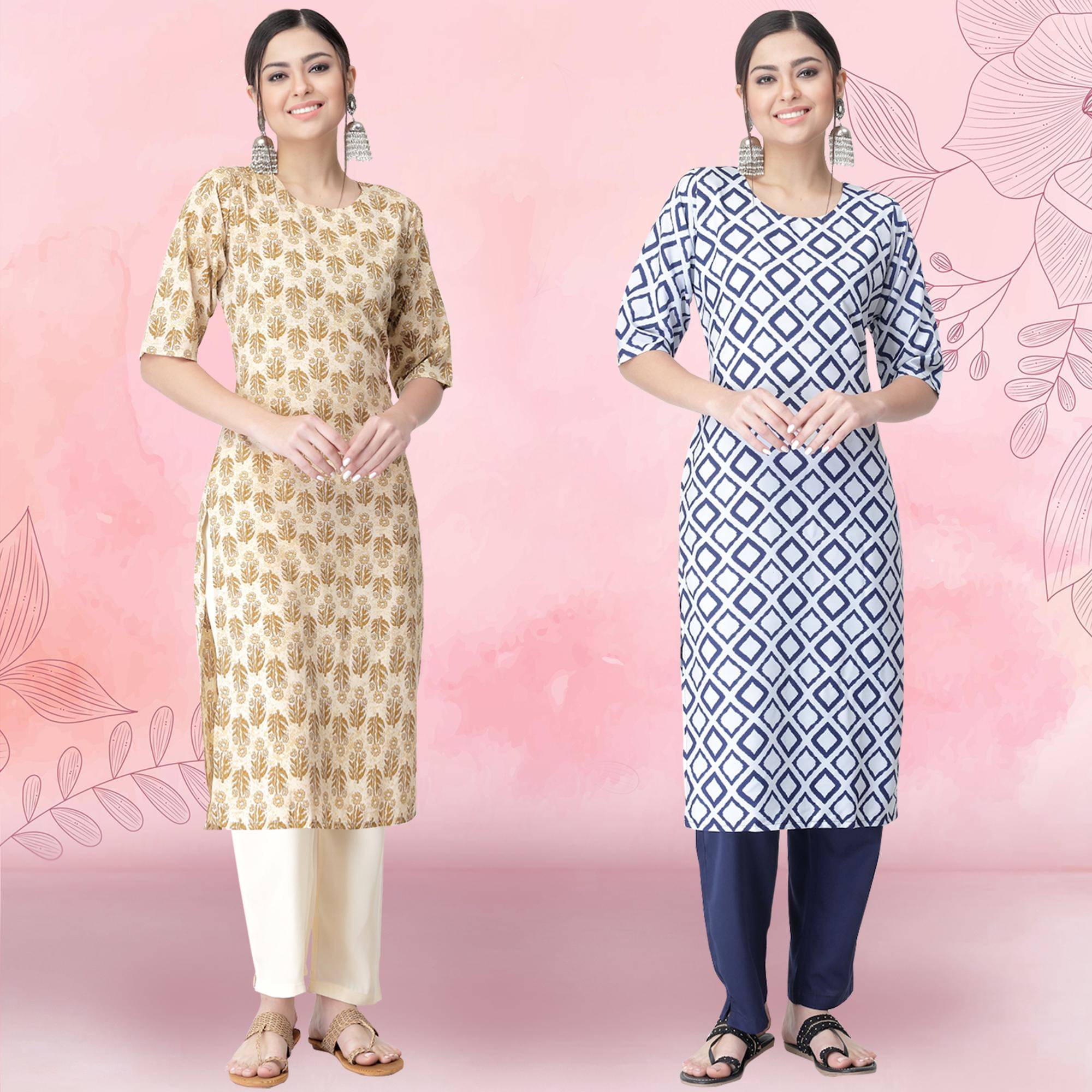 1 Stop Fashion Crepe Printed Kurti With Pants Women's Stitched Salwar Suit - Off White ( Pack of 2 )     			1 Stop Fashion Crepe Printed Kurti With Pants Women's Stitched Salwar Suit - Off White ( Pack of 2 )