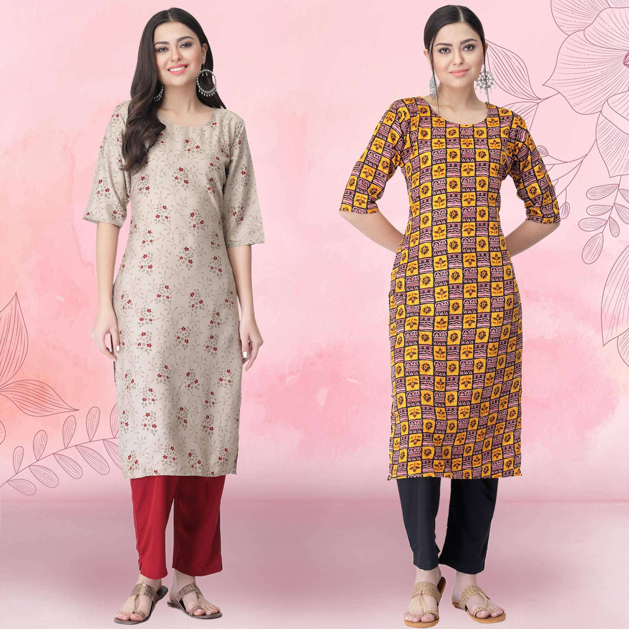 1 Stop Fashion Crepe Printed Kurti With Pants Women's Stitched Salwar Suit - Yellow ( Pack of 2 ) 1 Stop Fashion Crepe Printed Kurti With Pants Women's Stitched Salwar Suit - Yellow ( Pack of 2 )