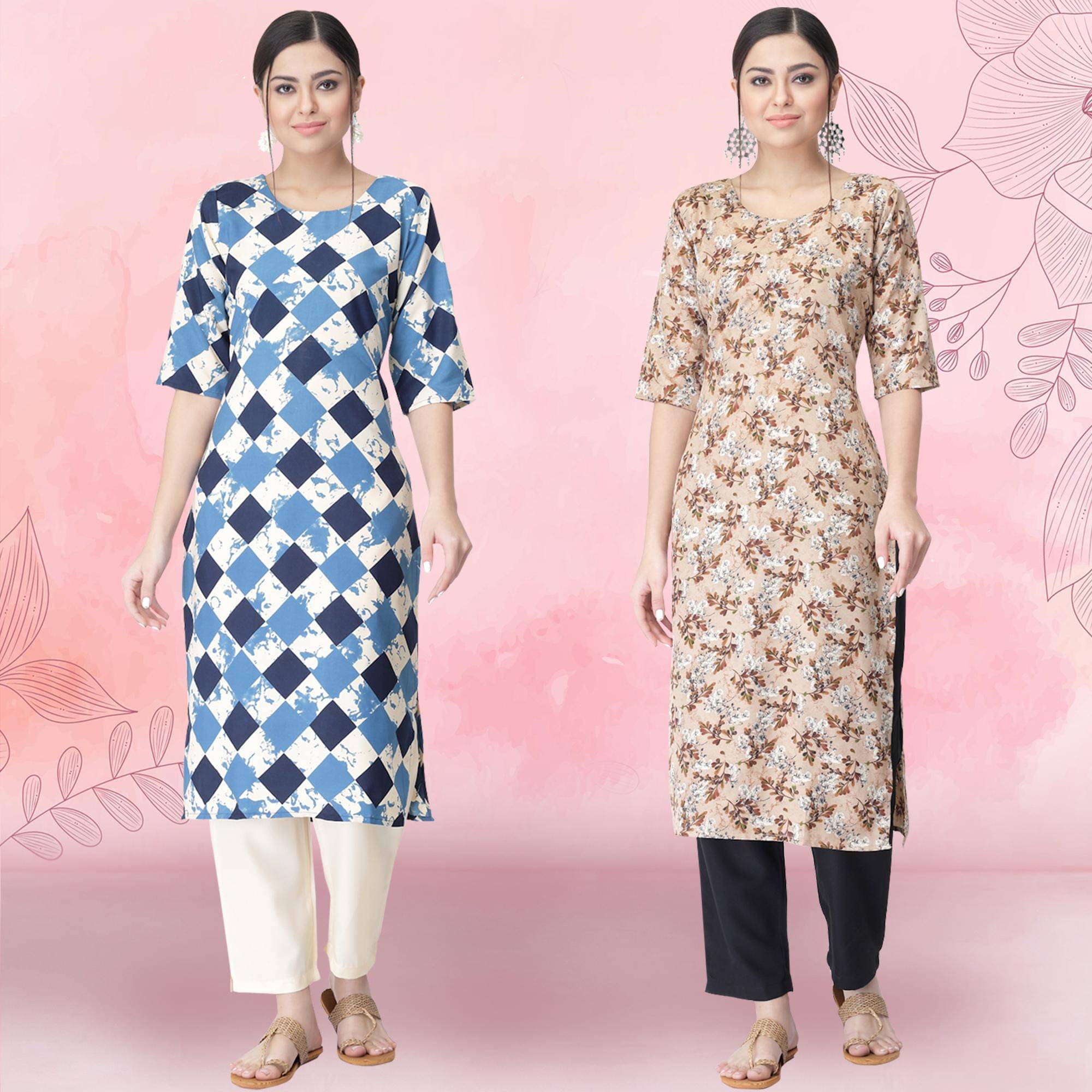 1 Stop Fashion Crepe Printed Kurti With Pants Women's Stitched Salwar Suit - Beige ( Pack of 2 ) 1 Stop Fashion Crepe Printed Kurti With Pants Women's Stitched Salwar Suit - Beige ( Pack of 2 )