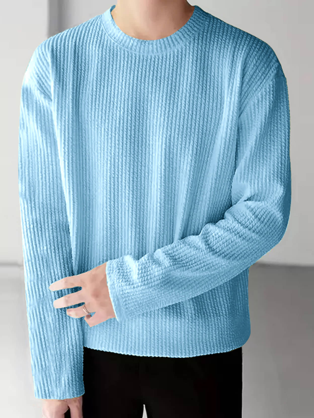 Eyebogler Cotton Blend Oversized Fit Self Design Full Sleeves Men's Round T-Shirt - Blue ( Pack of 1 )
