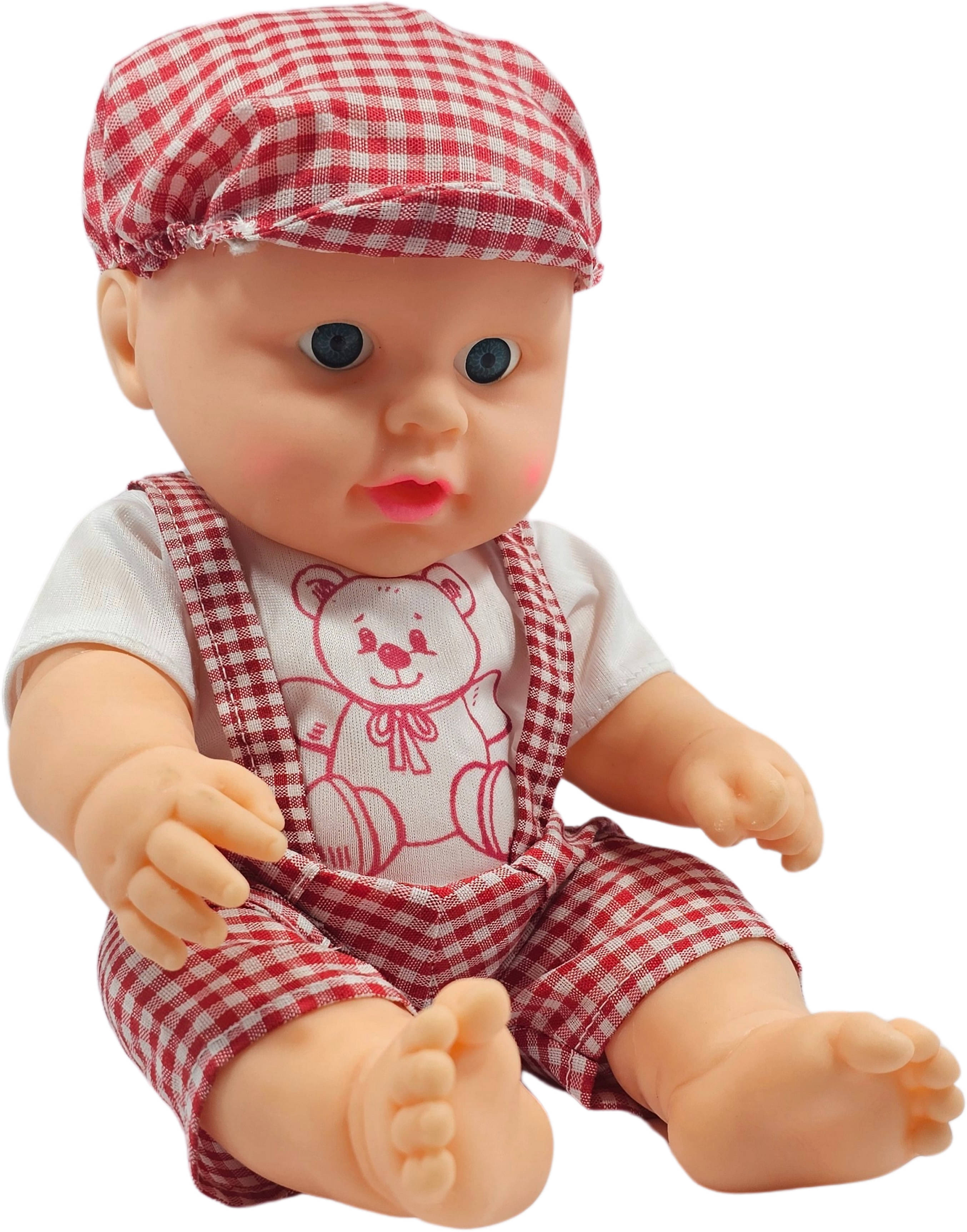     			Little Soft Feel Smiling Teddy Boy in Printed Dress Golu Baba Feeding Doll