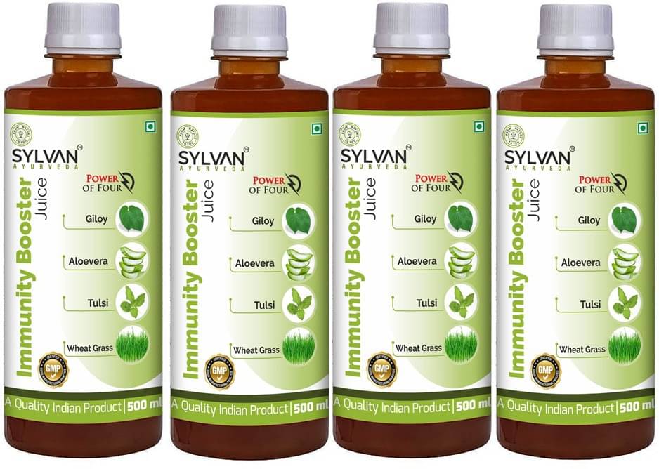 SYLVAN AYURVEDA IMMUNITY BOOSTER JUICE WITH GILOY, WHEAT GRASS, ALOE VERA AND TULSI ( POWER OF FOUR ) | PACK OF 4 (2 x 1000 ml) SYLVAN AYURVEDA IMMUNITY BOOSTER JUICE WITH GILOY, WHEAT GRASS, ALOE VERA AND TULSI ( POWER OF FOUR ) | PACK OF 4 (2 x 1000 ml)