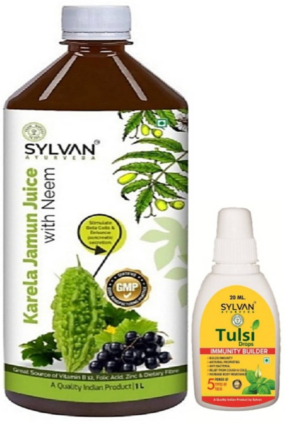 SYLVAN AYURVEDA KARELA JAMUN JUICE WITH NEEM 1L & TULSI DROPS IMMUNITY BOOSTER 20ML (2 x 510 ml) SYLVAN AYURVEDA KARELA JAMUN JUICE WITH NEEM 1L & TULSI DROPS IMMUNITY BOOSTER 20ML (2 x 510 ml)