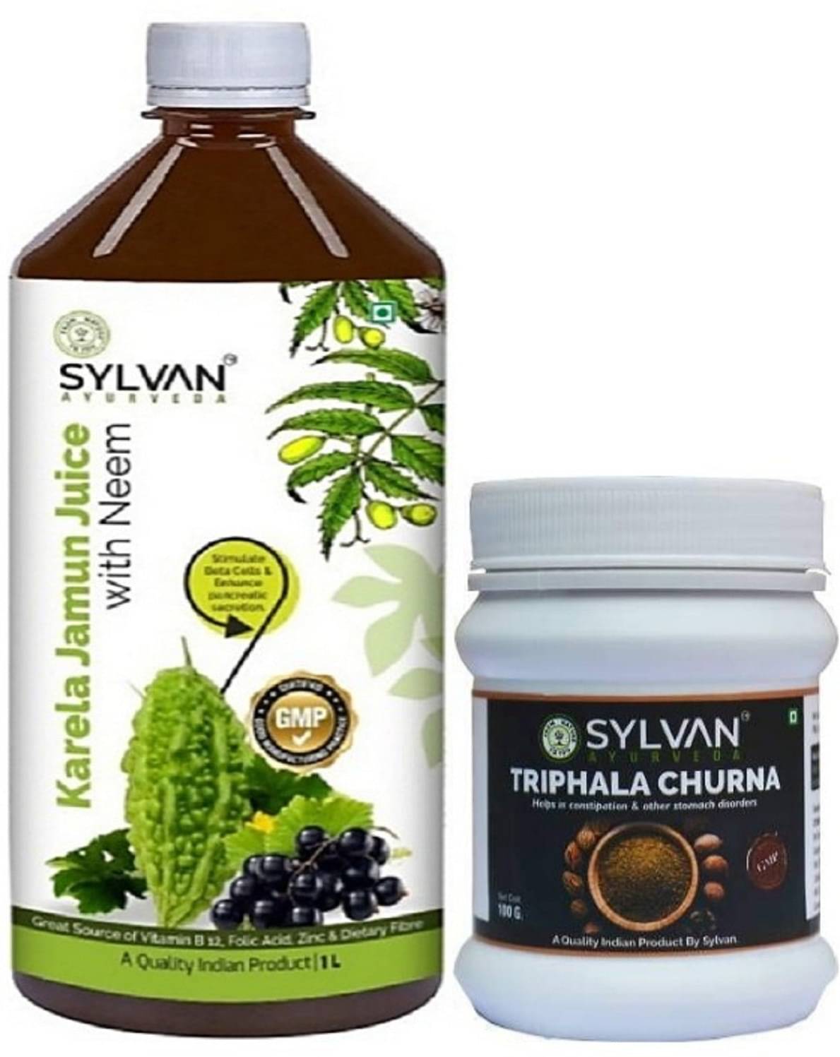 SYLVAN AYURVEDA SYLVAN KARELA JAMUN NEEM JUICE & TRIPHALA POWDER VALUE PACK IL+100GMS (2 x 550 ml) SYLVAN AYURVEDA SYLVAN KARELA JAMUN NEEM JUICE & TRIPHALA POWDER VALUE PACK IL+100GMS (2 x 550 ml)