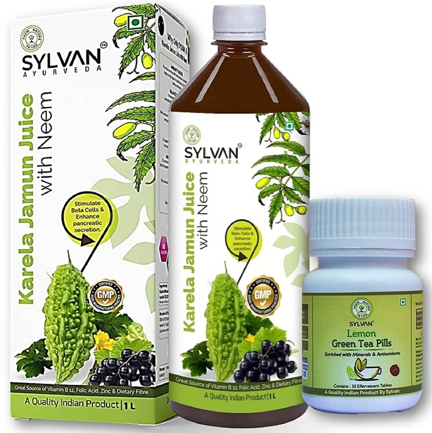     			SYLVAN AYURVEDA Sylvan Karela Jamun Juice 1L & Green Tea 30 Pills COMBO PACK I Effective in Blood Purification & Weight Management I Saver Pack (2 x 500 ml)