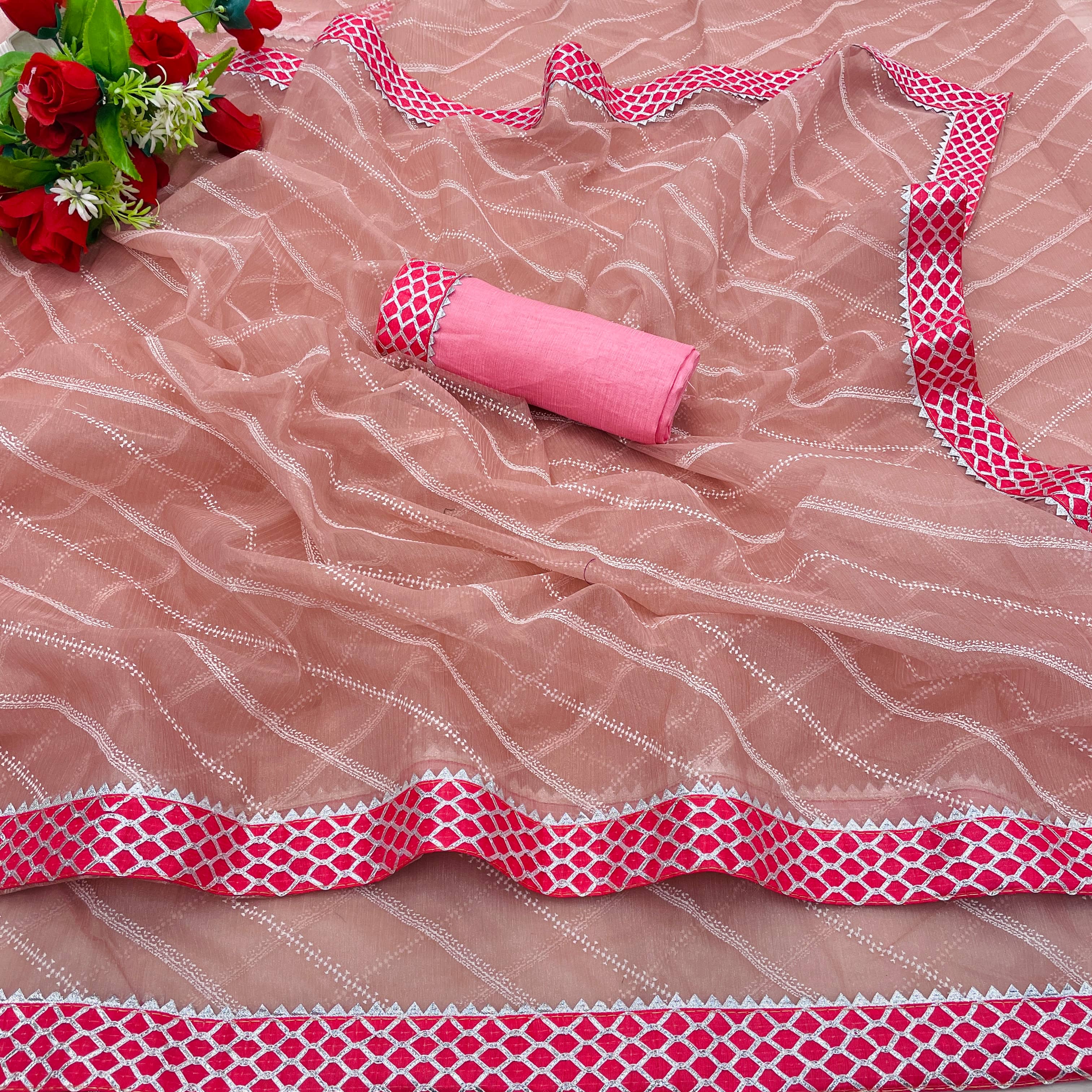 Shree Gullak Silk Lycra Striped Saree With Unstitched Blouse Piece ( Peach ) - Sarees | Buy online on ZillyBuy
