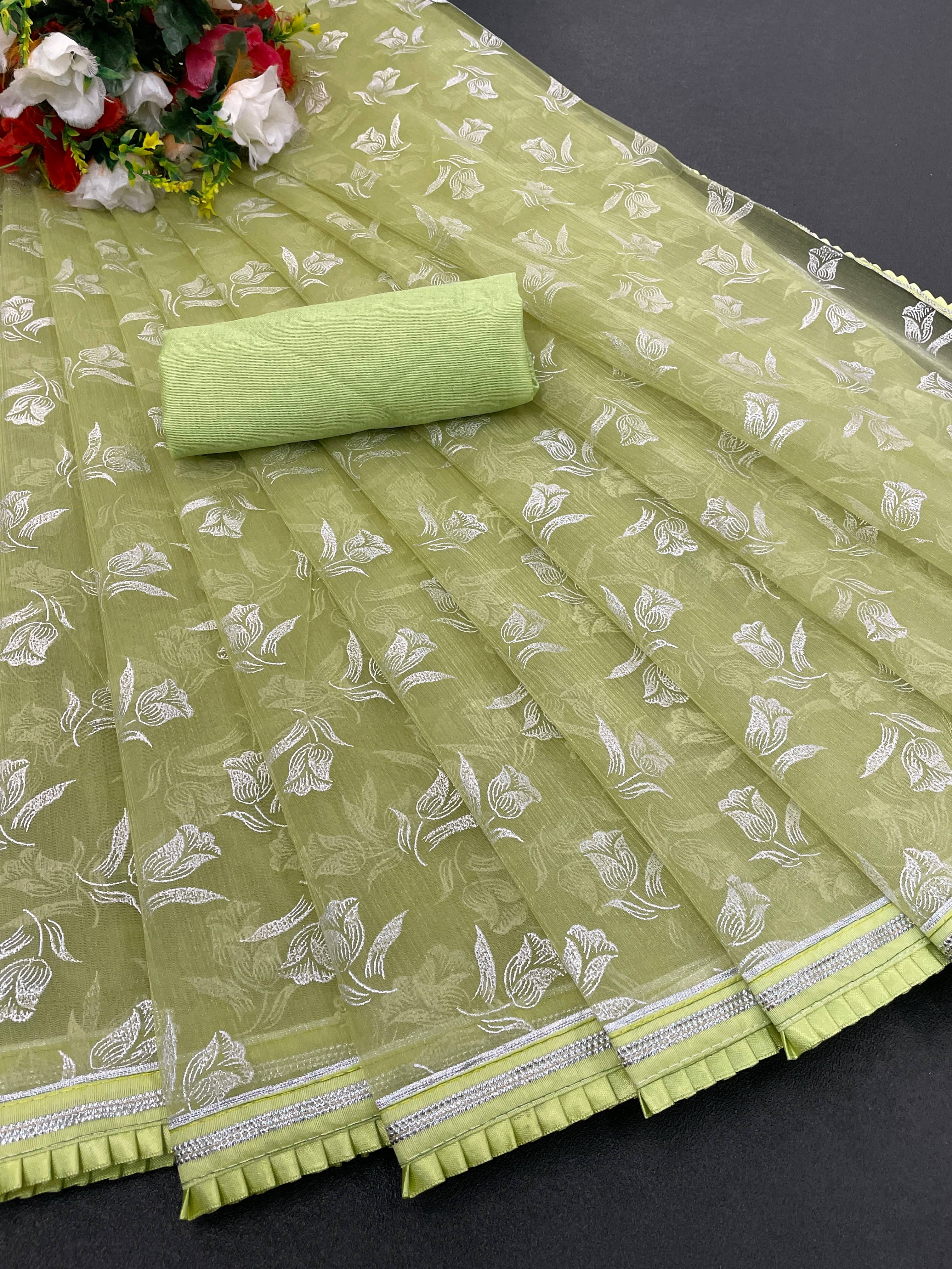 Shree Gullak Silk Lycra Printed Saree With Unstitched Blouse Piece ( Olive ) - Sarees | Buy online on ZillyBuy
