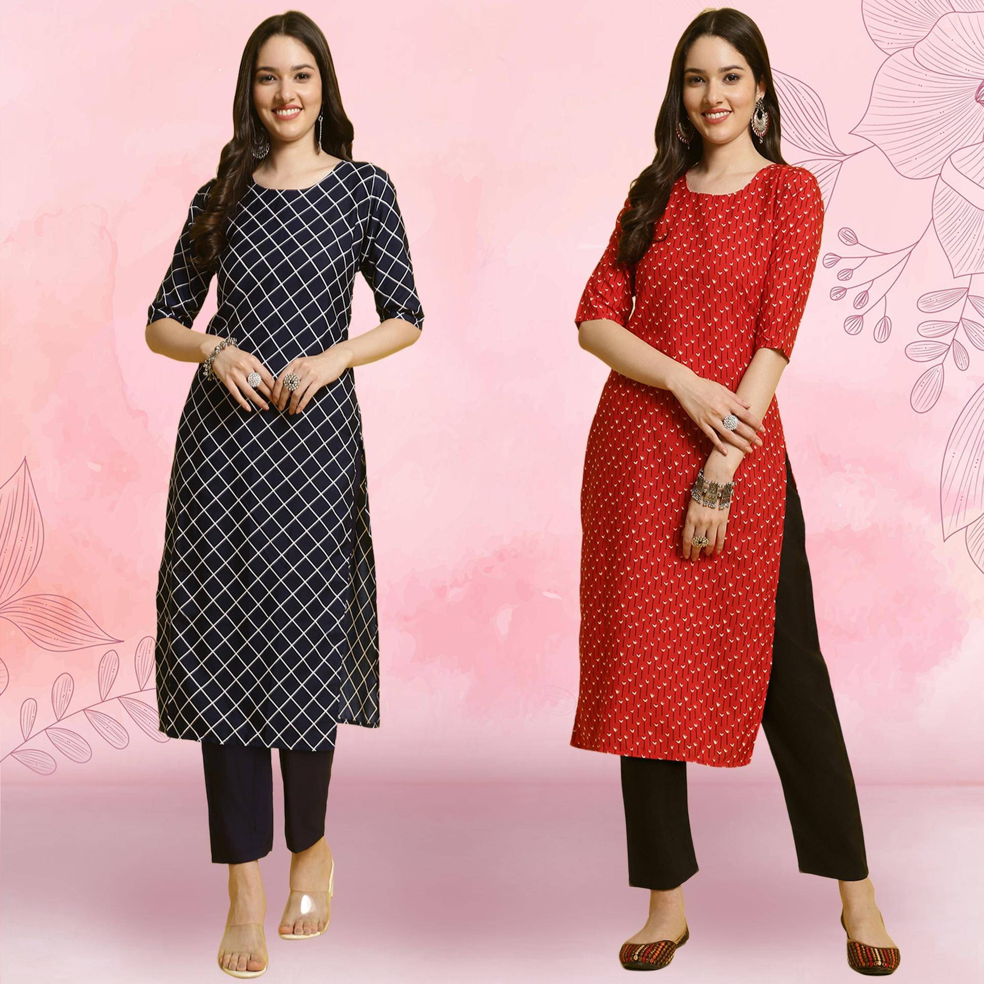     			1 Stop Fashion Crepe Printed Kurti With Pants Women's Stitched Salwar Suit - Red ( Pack of 2 )