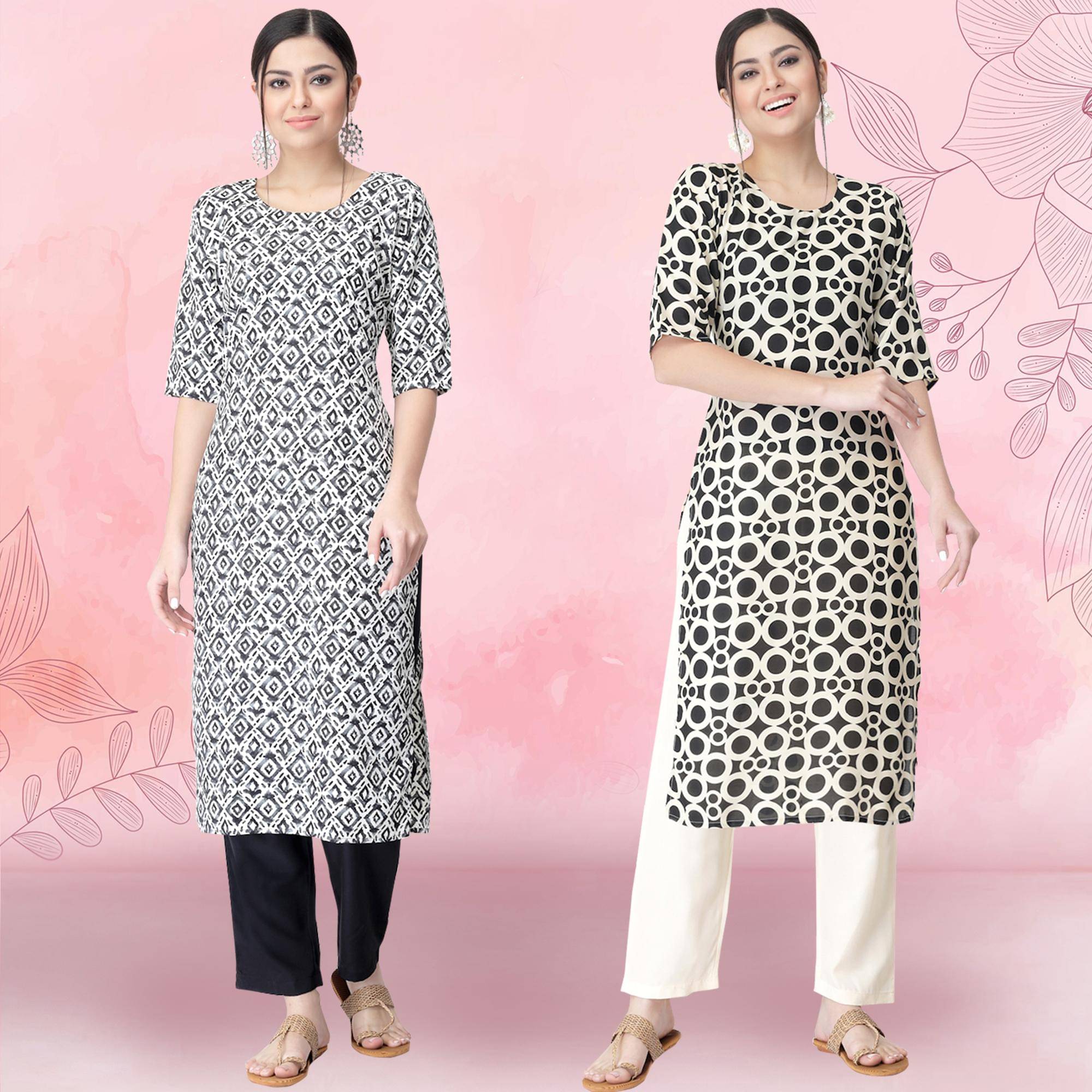    			1 Stop Fashion Crepe Printed Kurti With Pants Women's Stitched Salwar Suit - Black ( Pack of 2 )