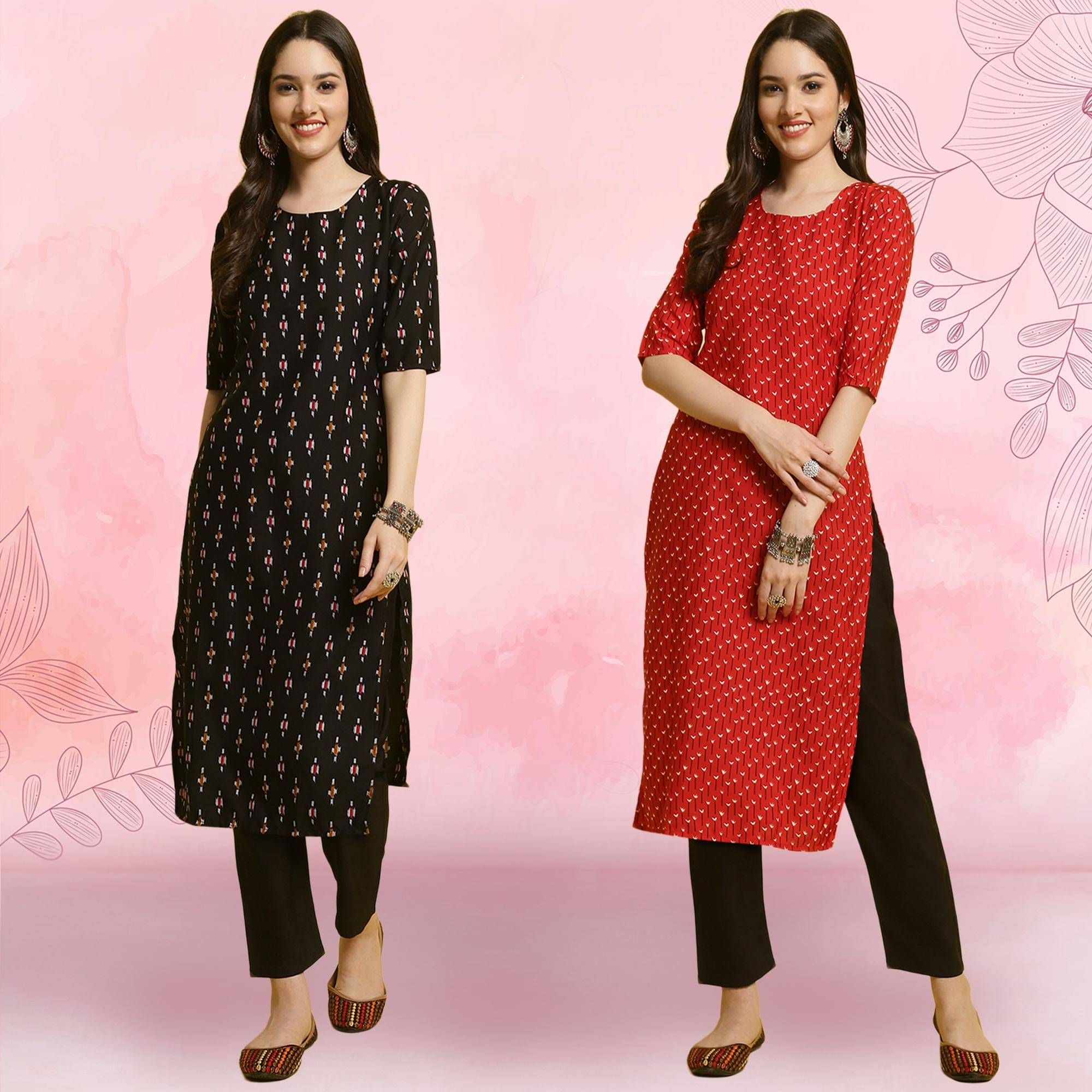 1 Stop Fashion Crepe Printed Kurti With Pants Women's Stitched Salwar Suit - Red ( Pack of 2 ) 1 Stop Fashion Crepe Printed Kurti With Pants Women's Stitched Salwar Suit - Red ( Pack of 2 )