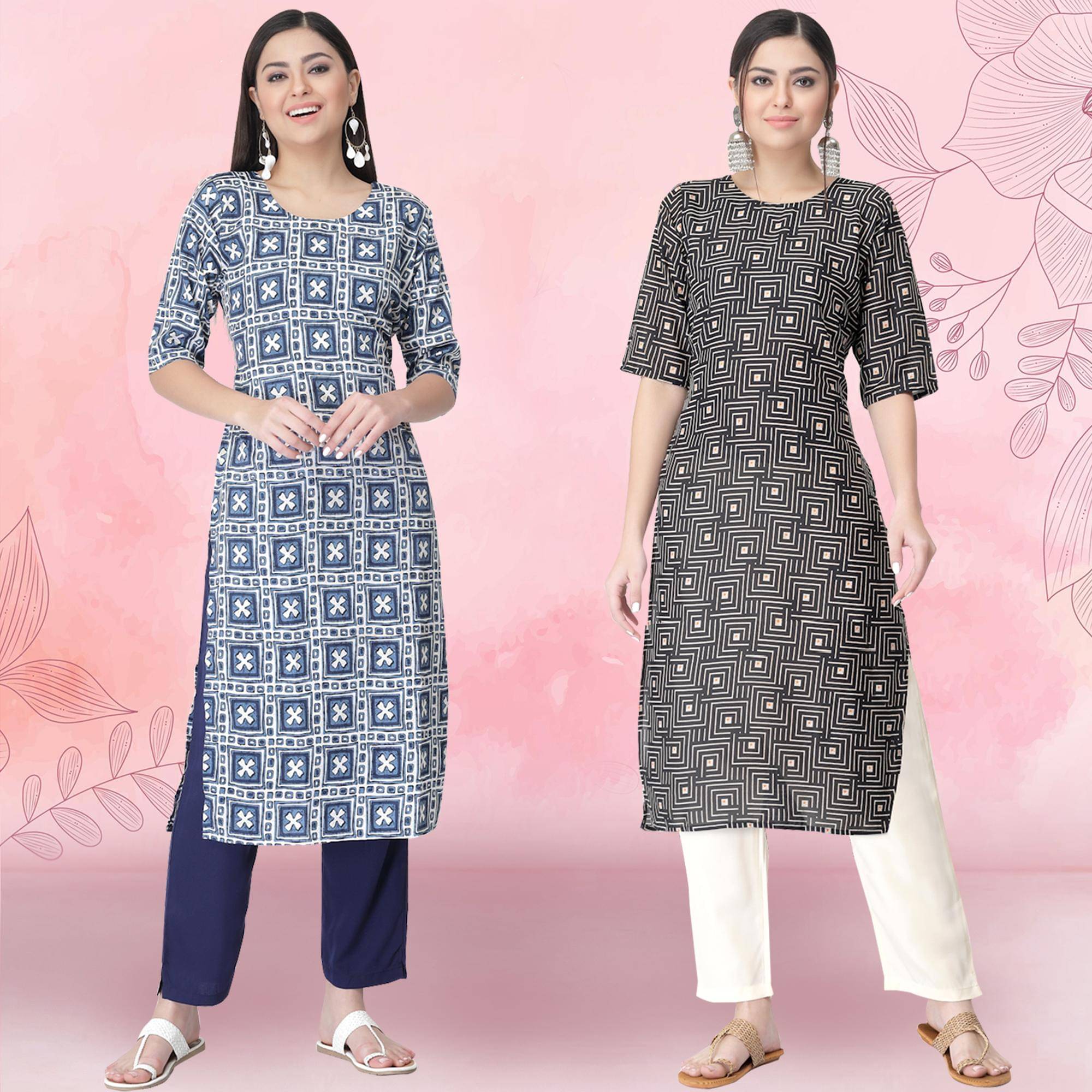1 Stop Fashion Crepe Printed Kurti With Pants Women's Stitched Salwar Suit - Black ( Pack of 2 ) 1 Stop Fashion Crepe Printed Kurti With Pants Women's Stitched Salwar Suit - Black ( Pack of 2 )