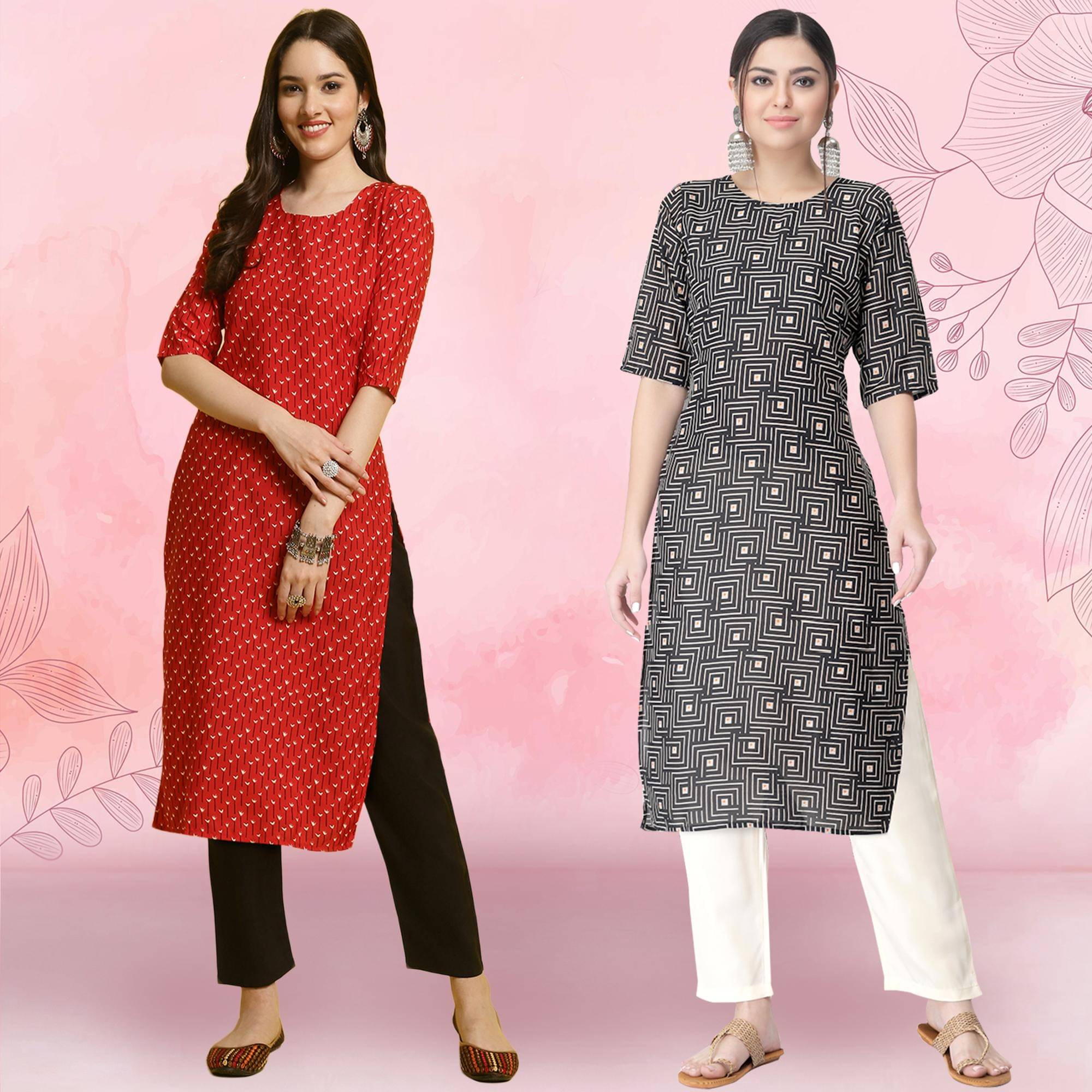     			1 Stop Fashion Crepe Printed Kurti With Pants Women's Stitched Salwar Suit - Black ( Pack of 2 )