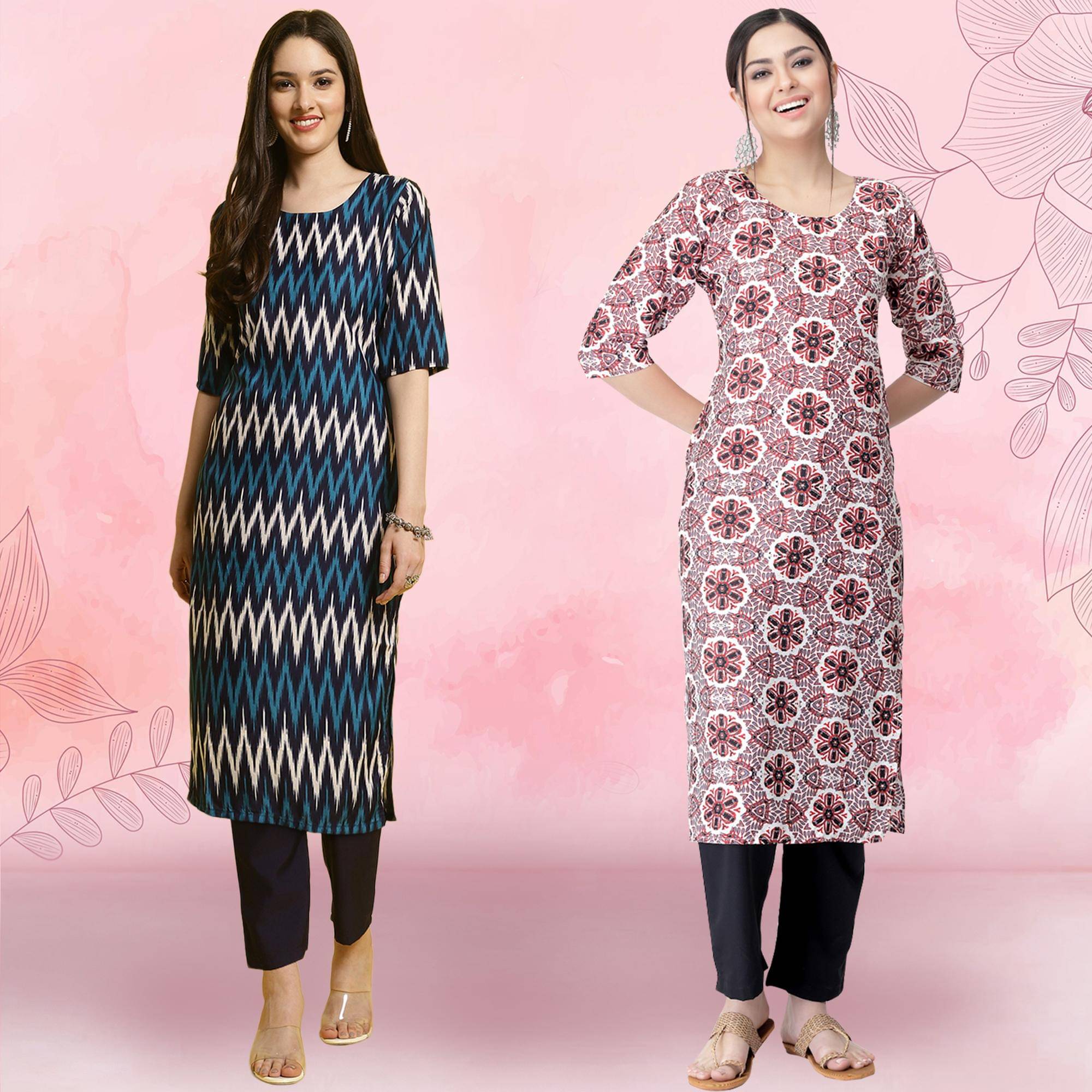     			1 Stop Fashion Crepe Printed Kurti With Pants Women's Stitched Salwar Suit - Pink ( Pack of 2 )