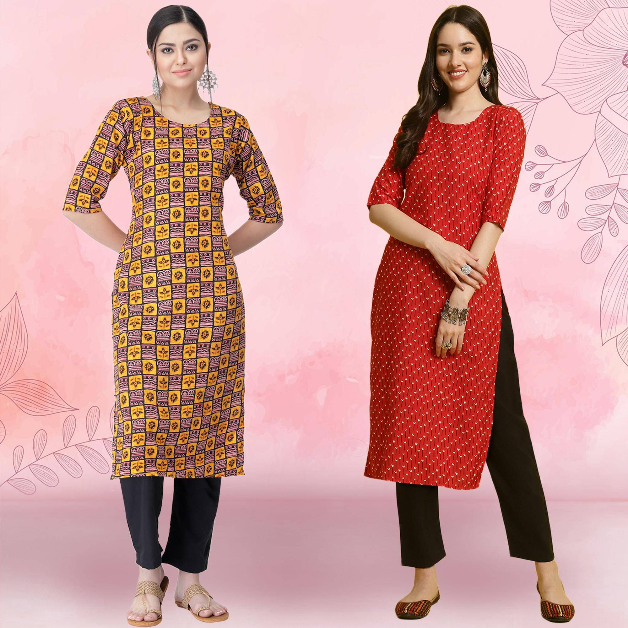     			1 Stop Fashion Crepe Printed Kurti With Pants Women's Stitched Salwar Suit - Red ( Pack of 2 )