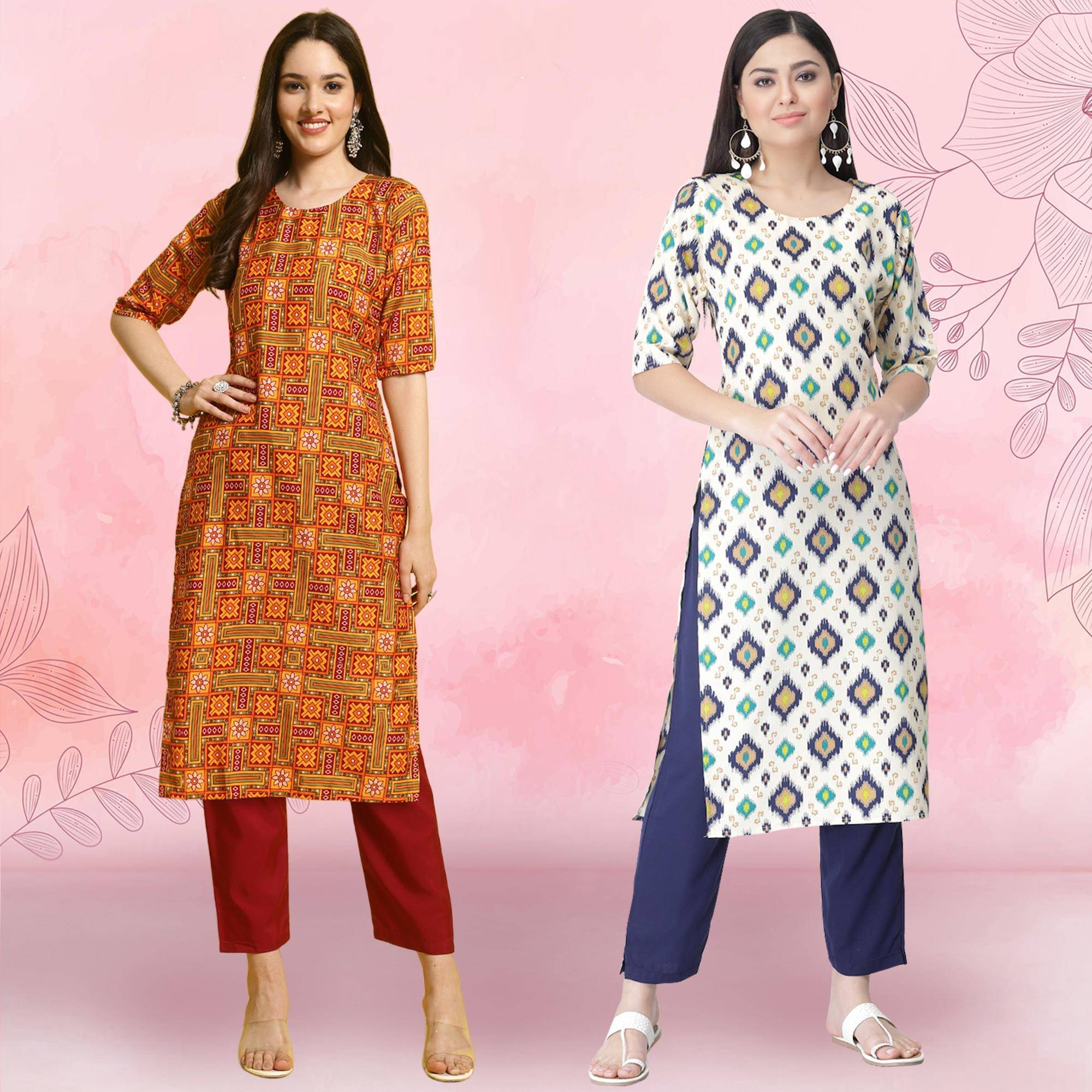     			1 Stop Fashion Crepe Printed Kurti With Pants Women's Stitched Salwar Suit - White ( Pack of 2 )